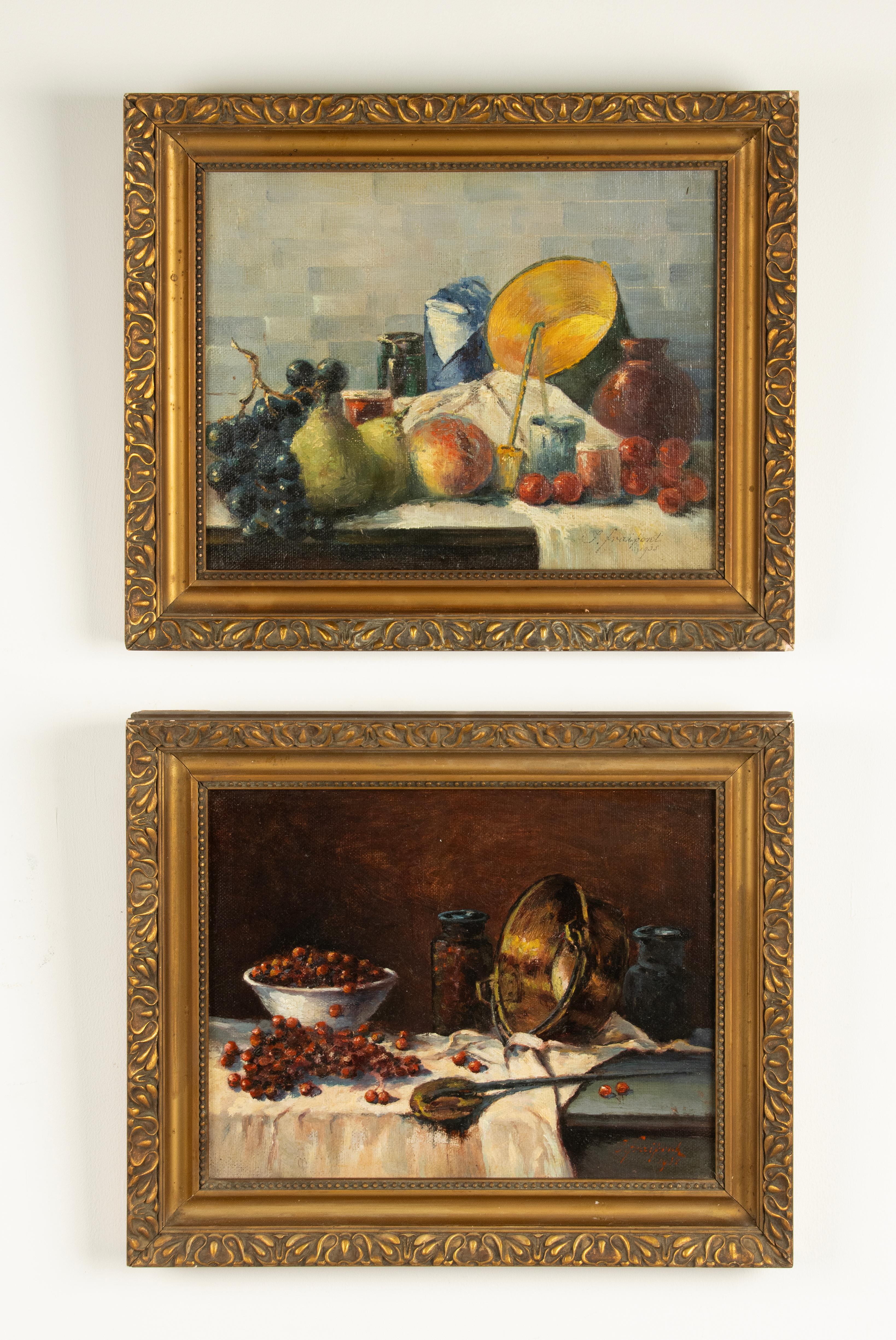 A beautiful pair of paintings of fruit still lifes, oil paint on canvas.
The paintings are by the Belgian artist Janine Fraipont.
The paintings are dated 1935.
Both paintings have a beautiful color palette. They are framed in original wooden gilded