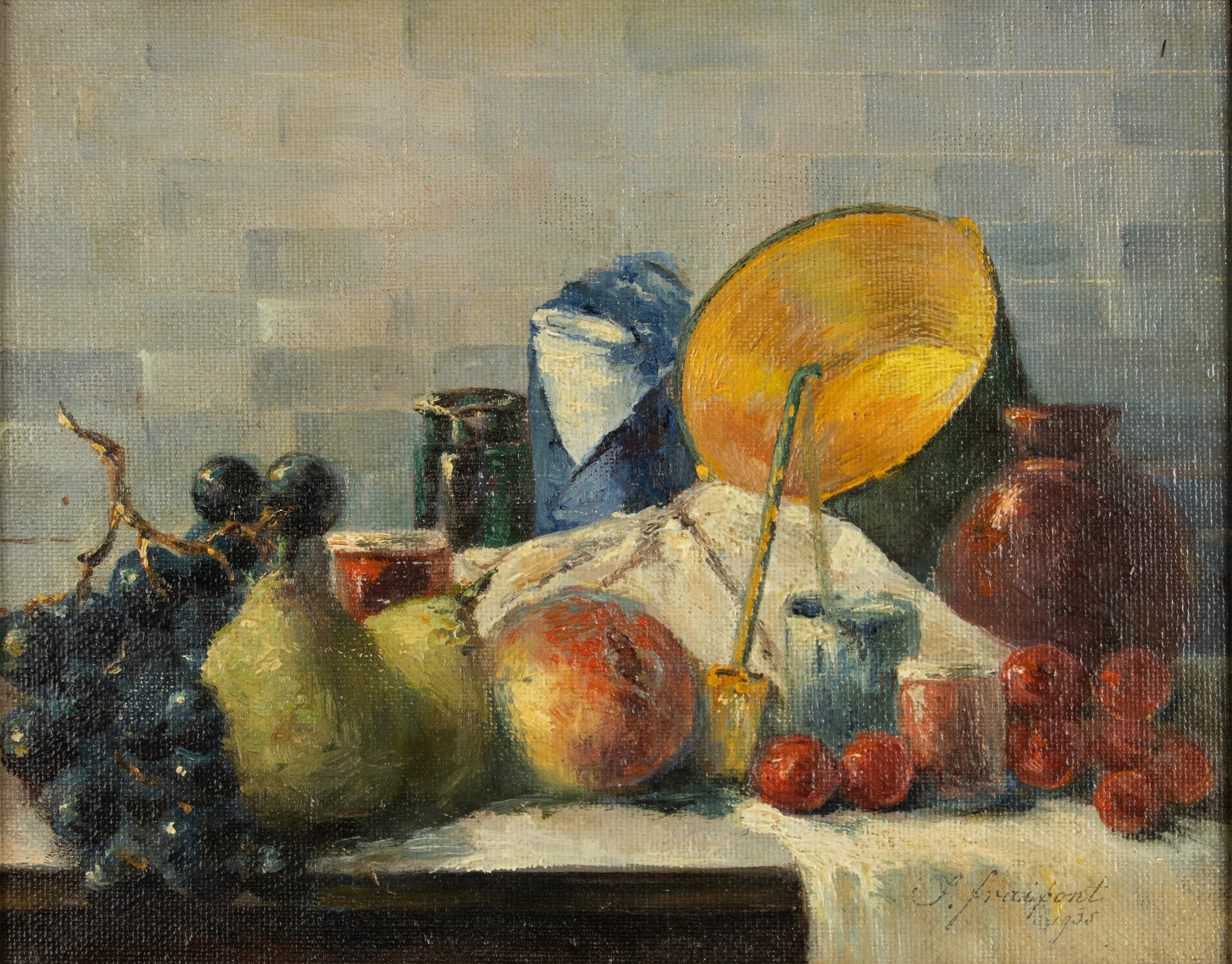 Ein Paar Ölgemälde des frühen 20. Jahrhunderts – Obststillleben – Janine Fraipont (Handbemalt) im Angebot