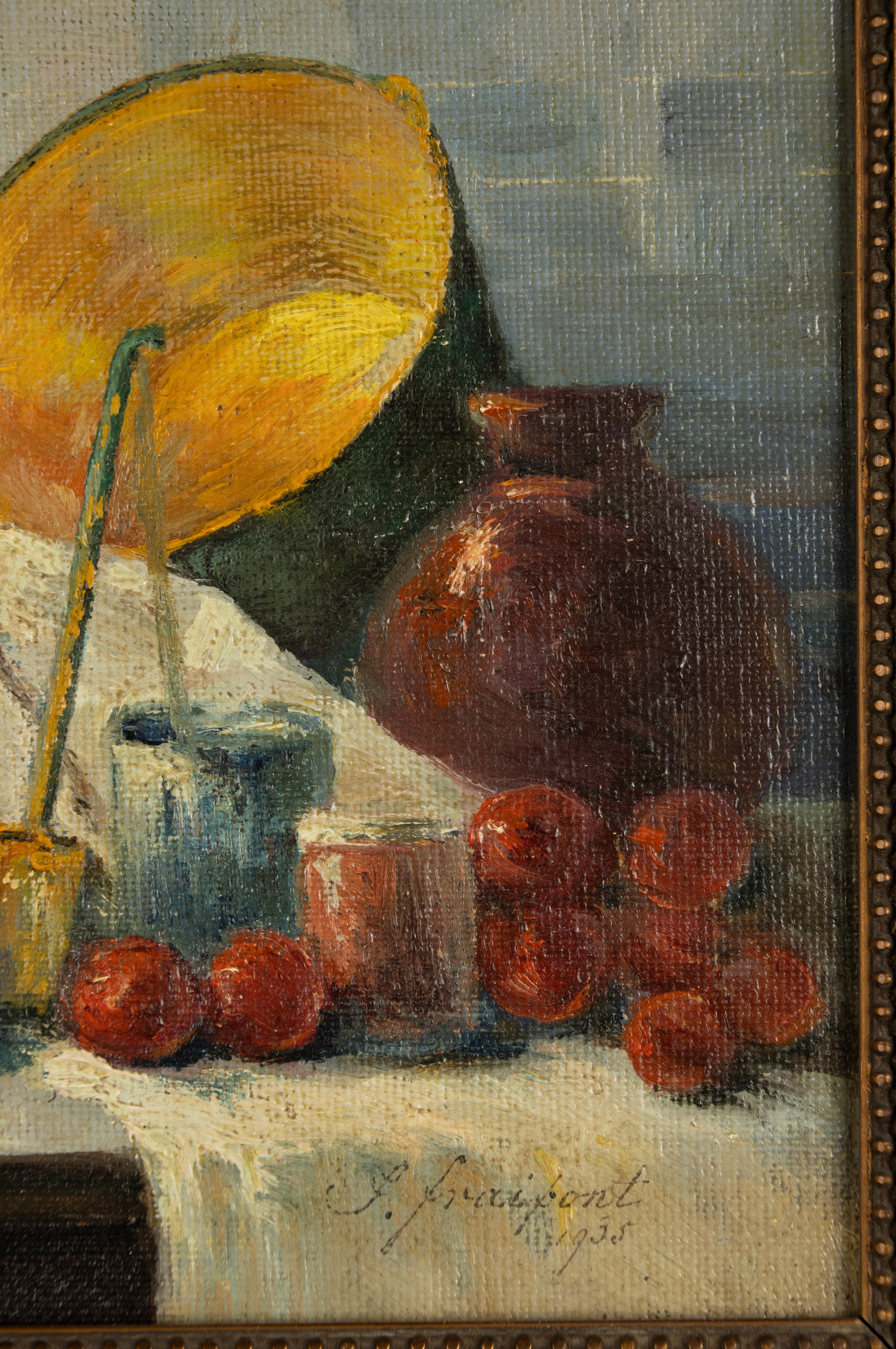 Canvas A Pair of Early 20th Century Oil Paintings - Fruit Still Life - Janine Fraipont For Sale