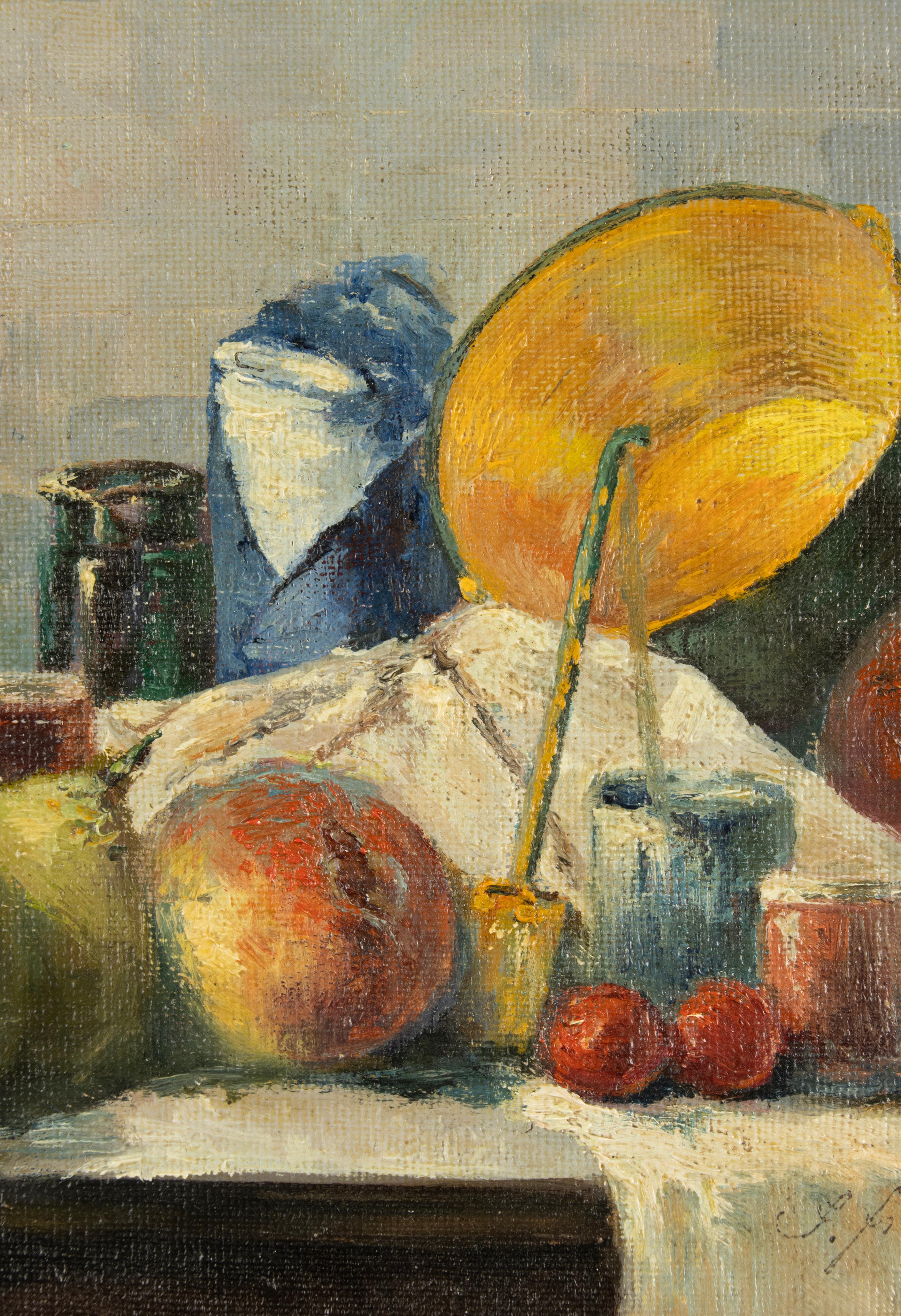 Ein Paar Ölgemälde des frühen 20. Jahrhunderts – Obststillleben – Janine Fraipont im Angebot 1