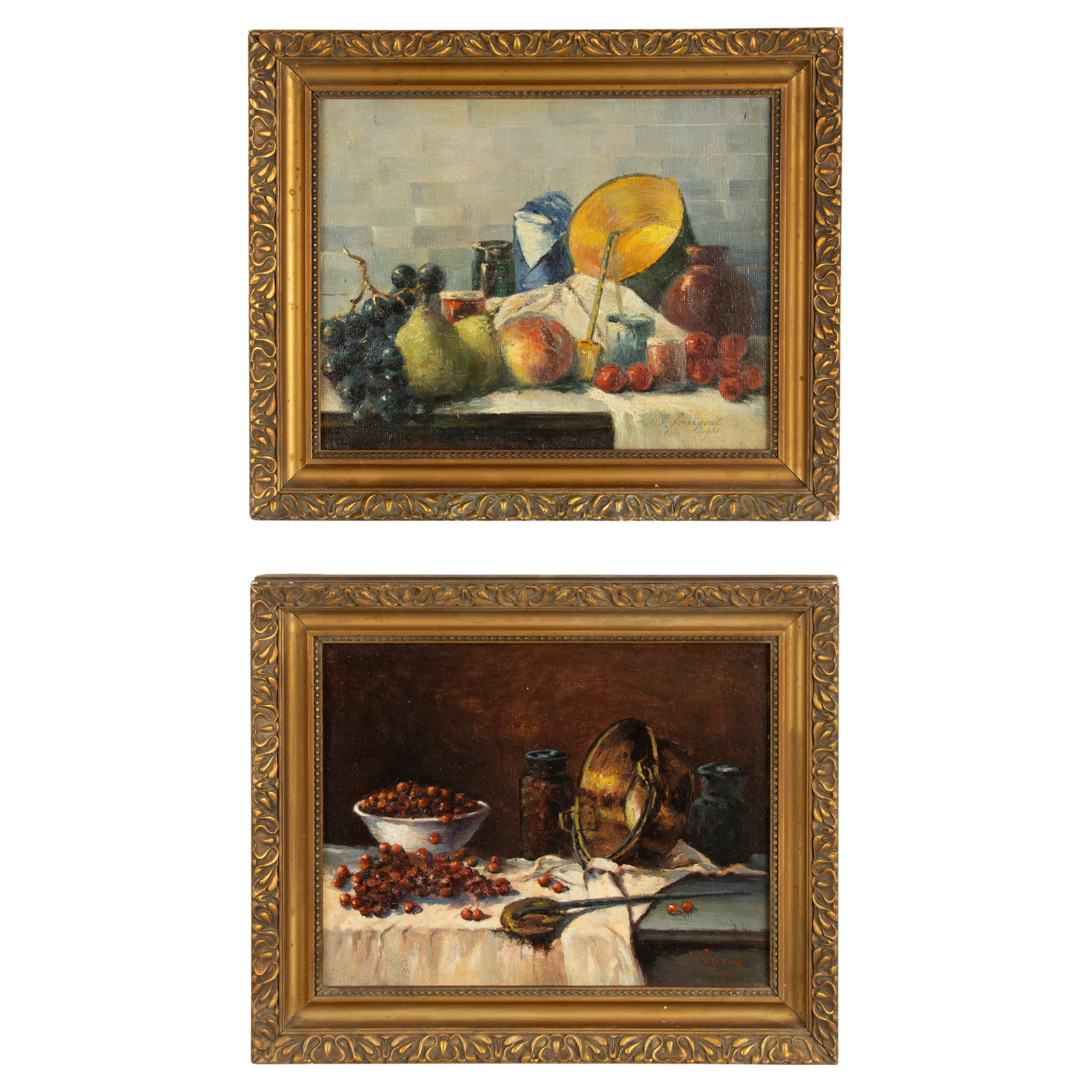 Paire de peintures à l'huile du début du 20e siècle - Nature morte aux fruits - Janine Fraipont