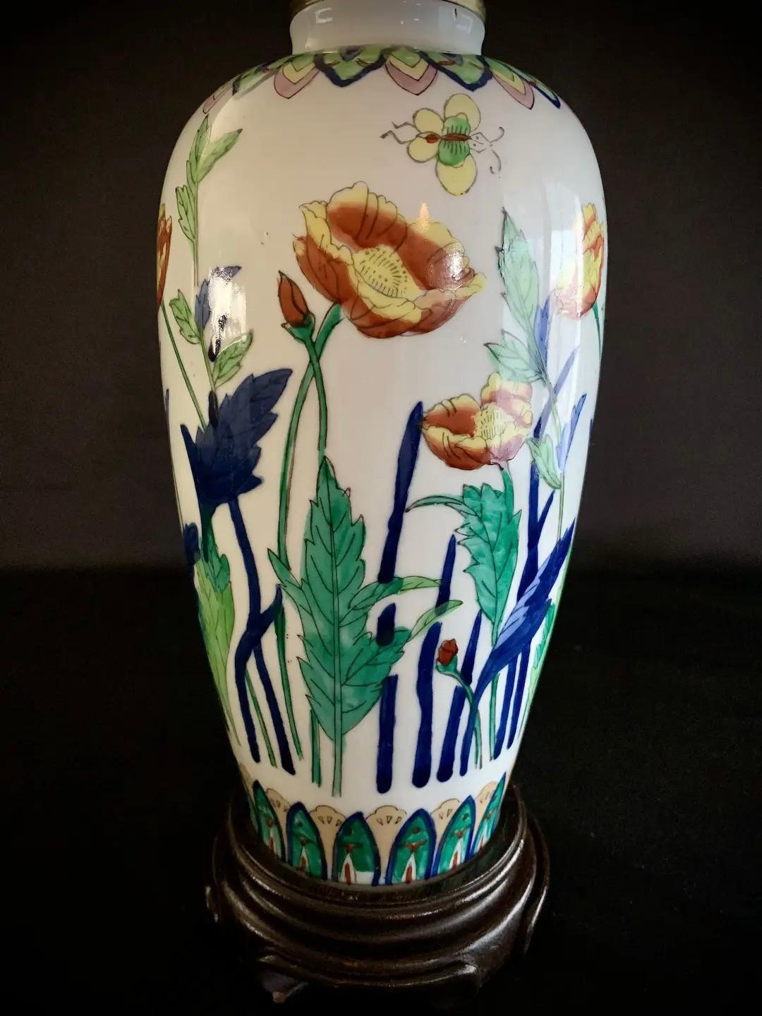 Butterflies & Poppies Hand Painted Thai Porcelain Table Lamps - 2 pc For Sale 2