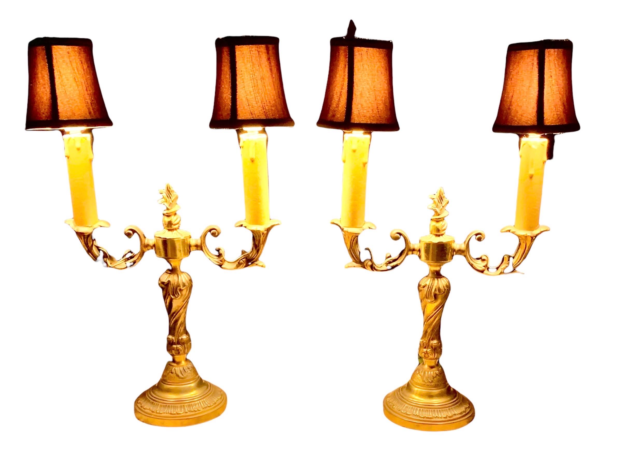 Pair of Early 20th Century Two Arm Bronze Dore' Electrified Candelabra In Good Condition In New Orleans, LA