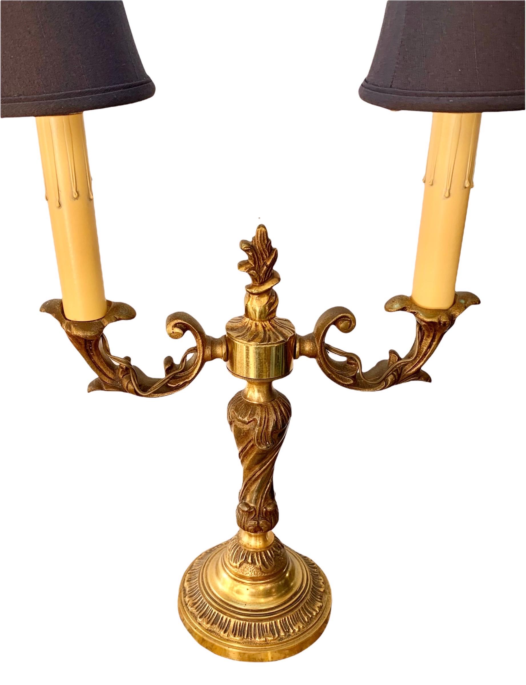 Late 19th Century Pair of Early 20th Century Two Arm Bronze Dore' Electrified Candelabra