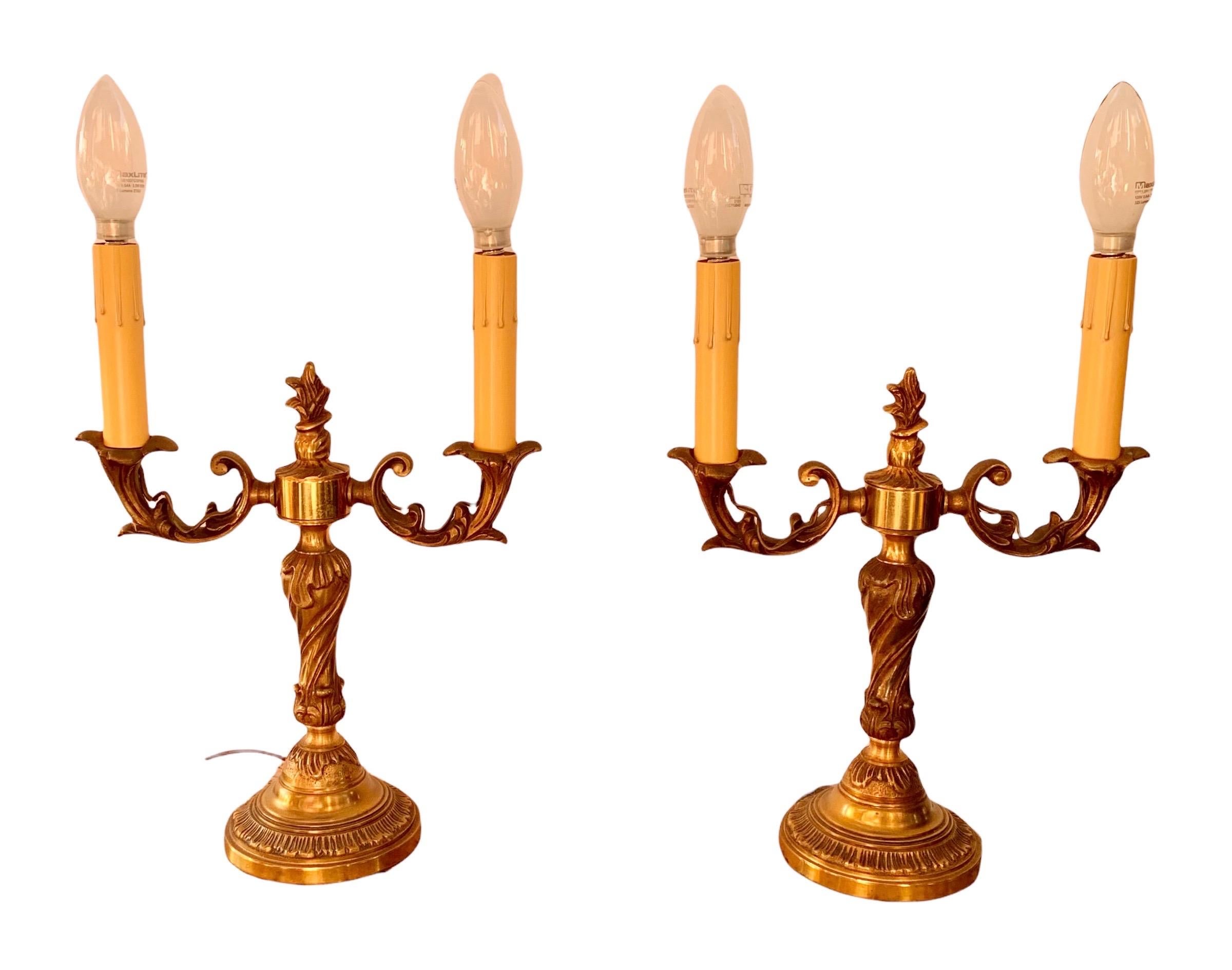 Gold Pair of Early 20th Century Two Arm Bronze Dore' Electrified Candelabra