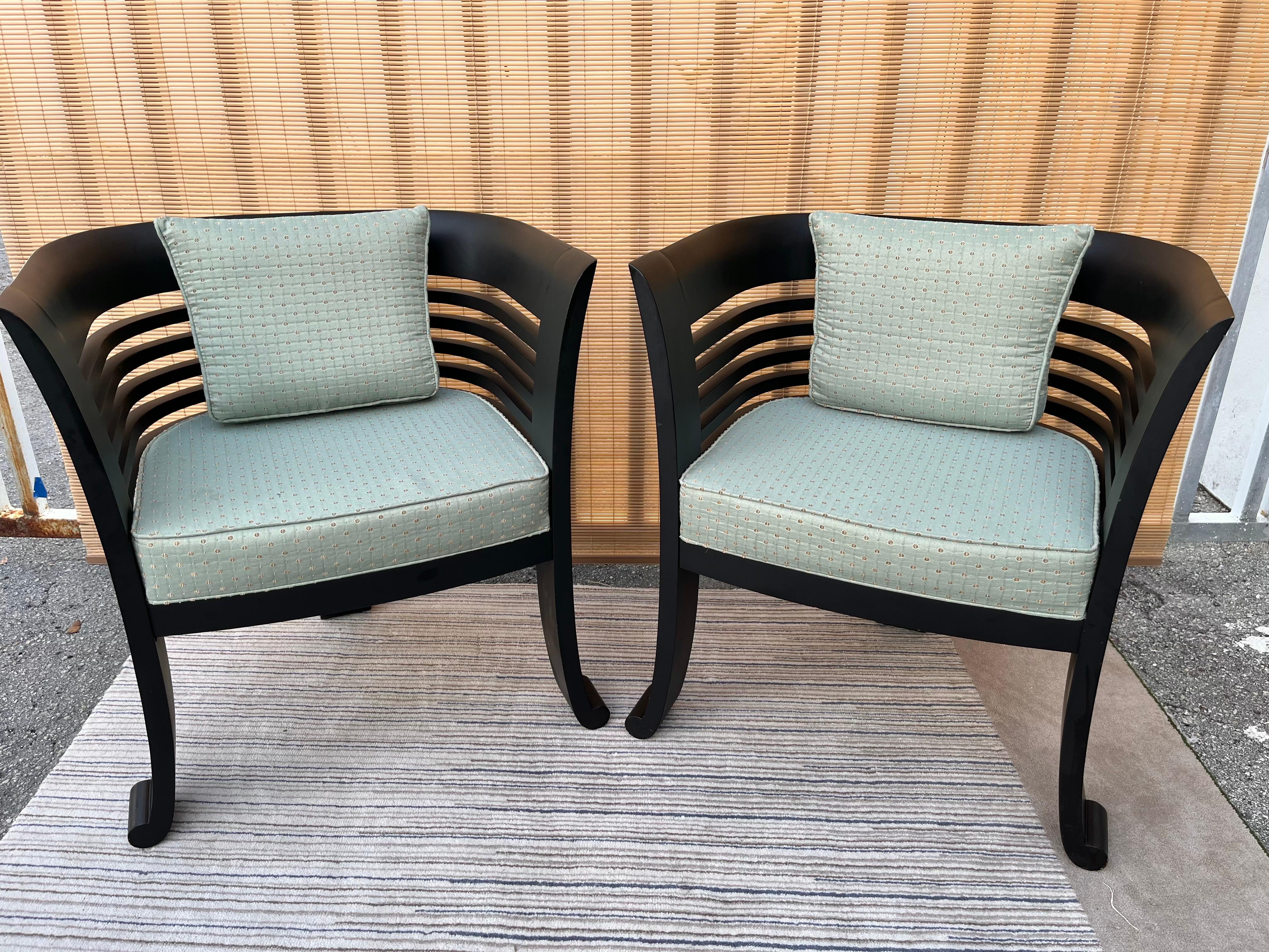 A Pair of Early 21st Century Lounge Three Leg Chairs by Westlake Furniture Chicago. Dated year 2000 
Feature a Chinoiserie inspired style with tree legs and rounded backrest. 
In excellent condition with very minor signs of wear consistent with age