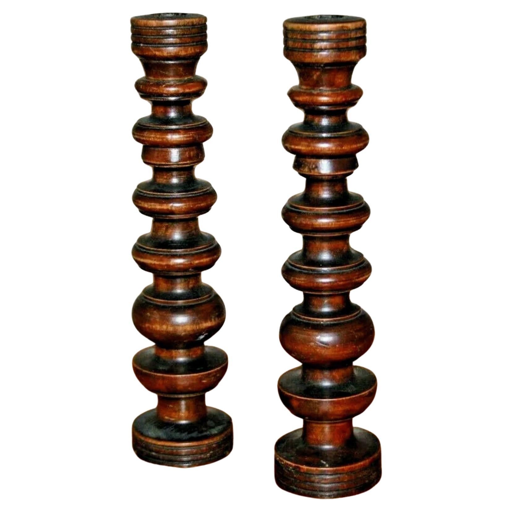 French Provincial Pair of Early C20th French Turned Walnut Candlesticks For Sale