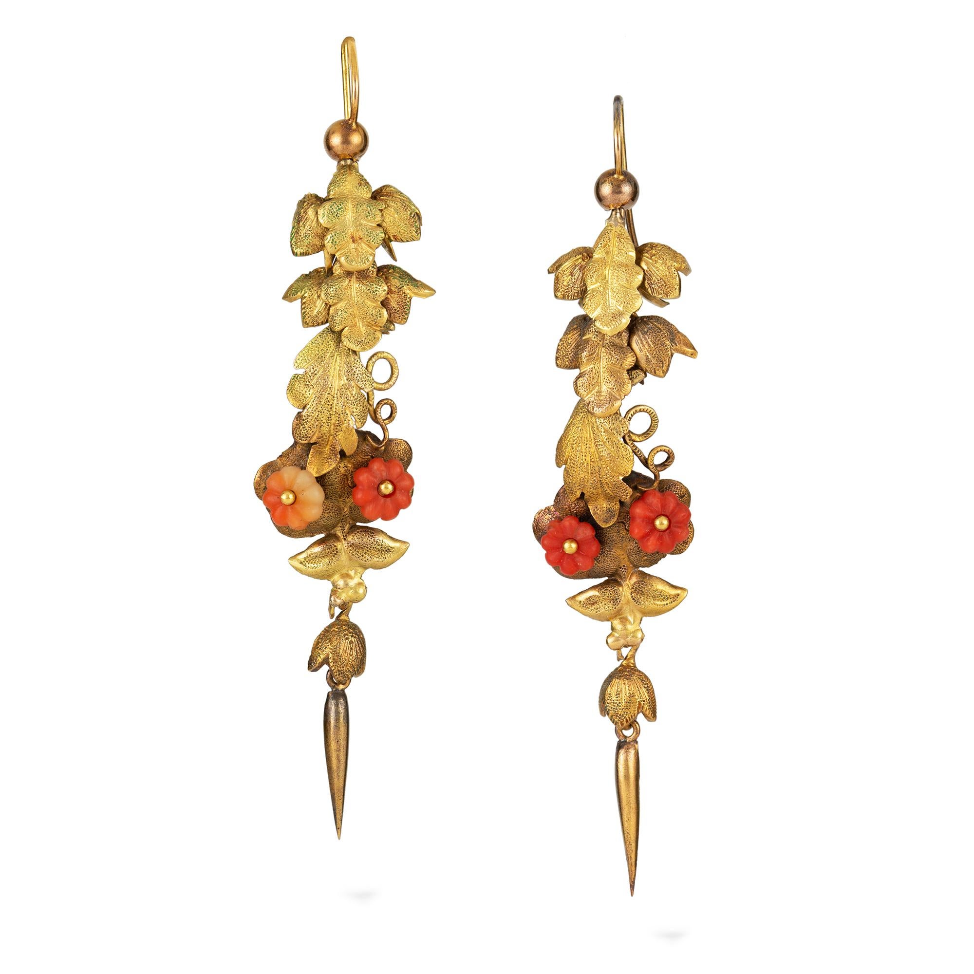 Bead Pair of Early Victorian Gold and Coral Leaf Drop Earrings