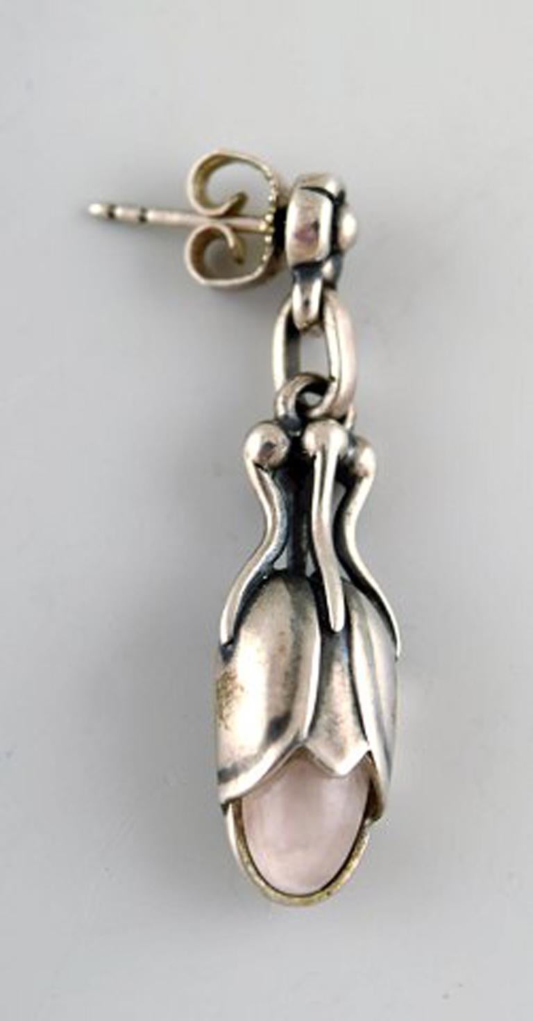 Pair of Earrings in Sterling Silver by Georg Jensen Adorned with Rose Quartz im Zustand „Gut“ in bronshoj, DK