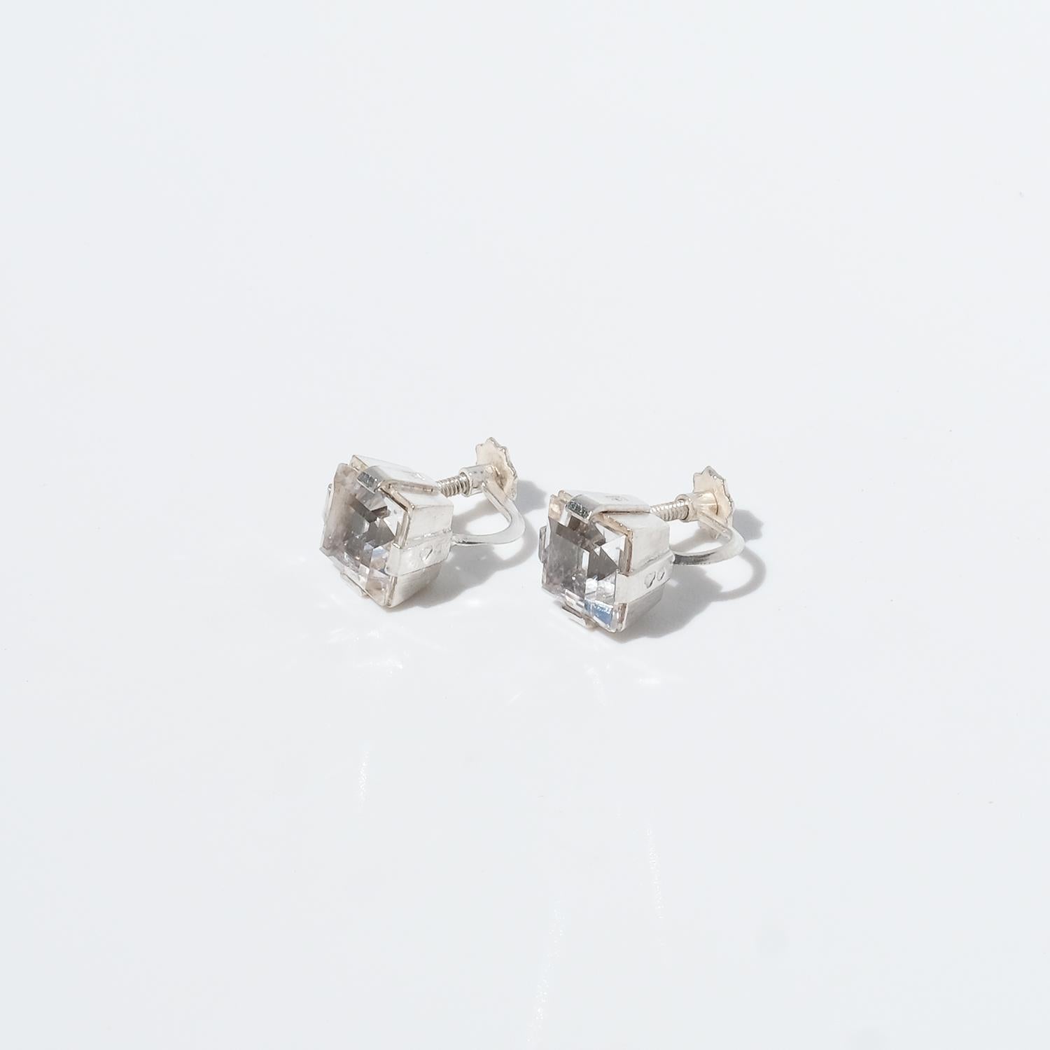 Square Cut Pair of Earrings, Silver with Rock Crystals, Made in 1945 in Stockholm Sweden For Sale