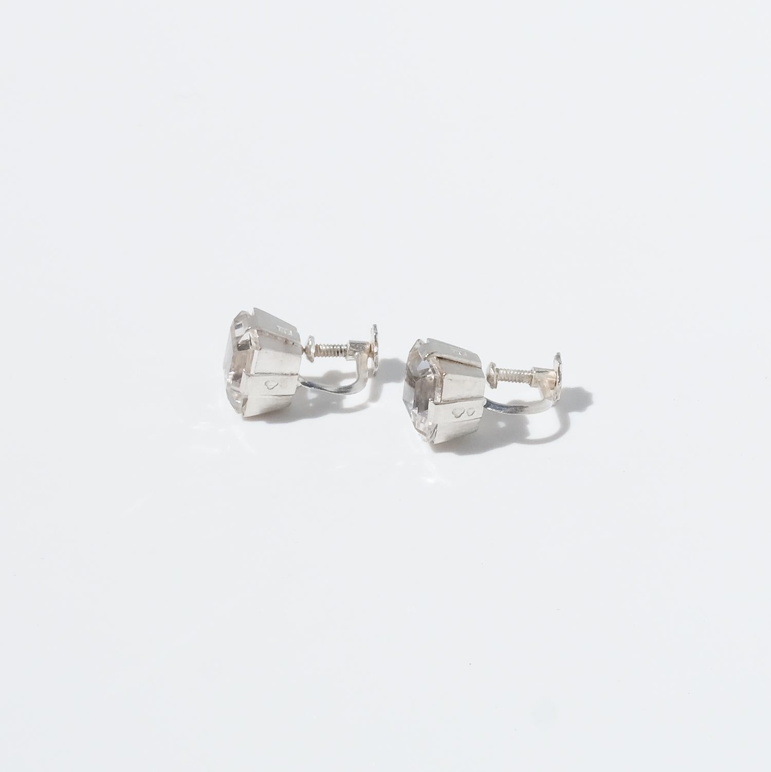 Women's or Men's Pair of Earrings, Silver with Rock Crystals, Made in 1945 in Stockholm Sweden For Sale