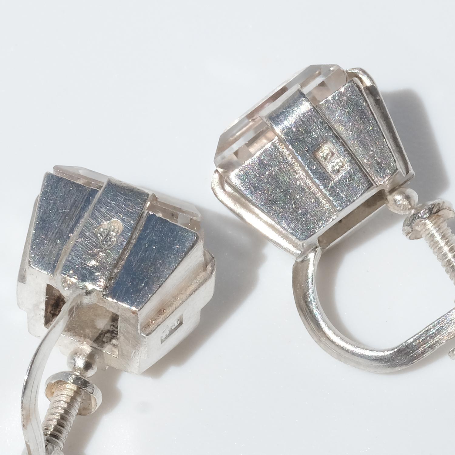 Pair of Earrings, Silver with Rock Crystals, Made in 1945 in Stockholm Sweden For Sale 4