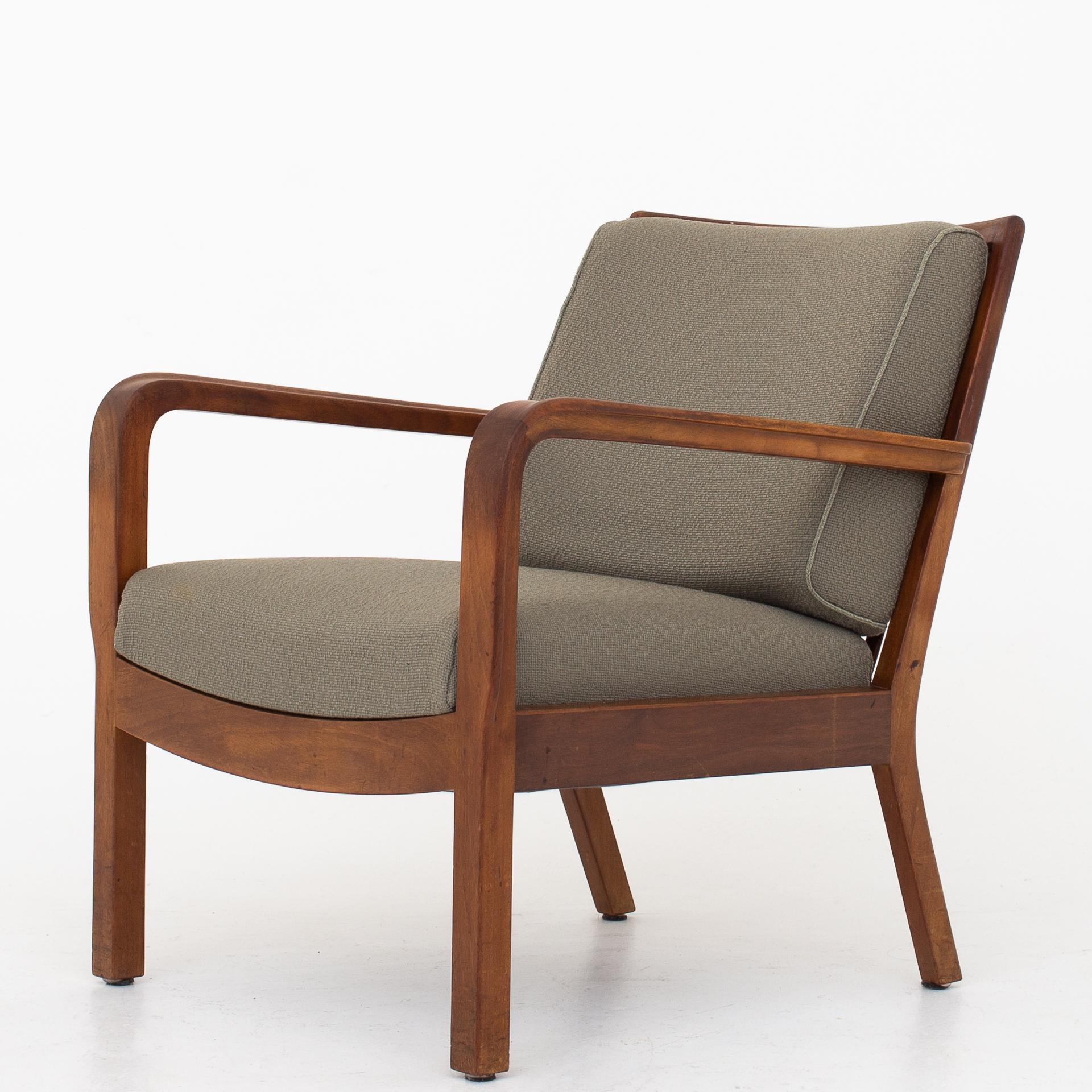 Easy chairs in green wool with mahogany frame. Maker Gustav Bertelsen.