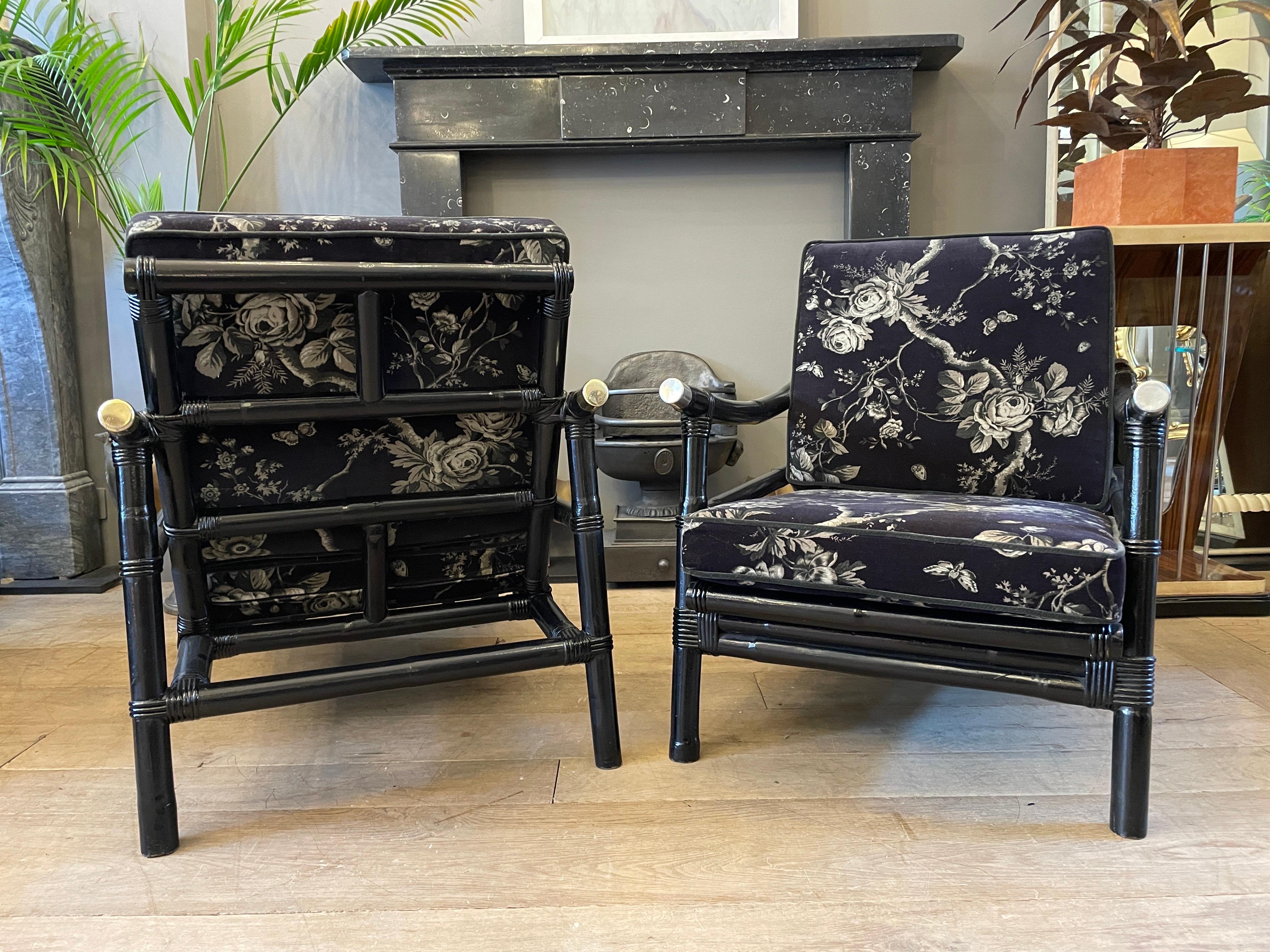 Pair of Ebonized Bamboo and Rattan Arm Chairs with Foot Stools by Ficks Reed 6