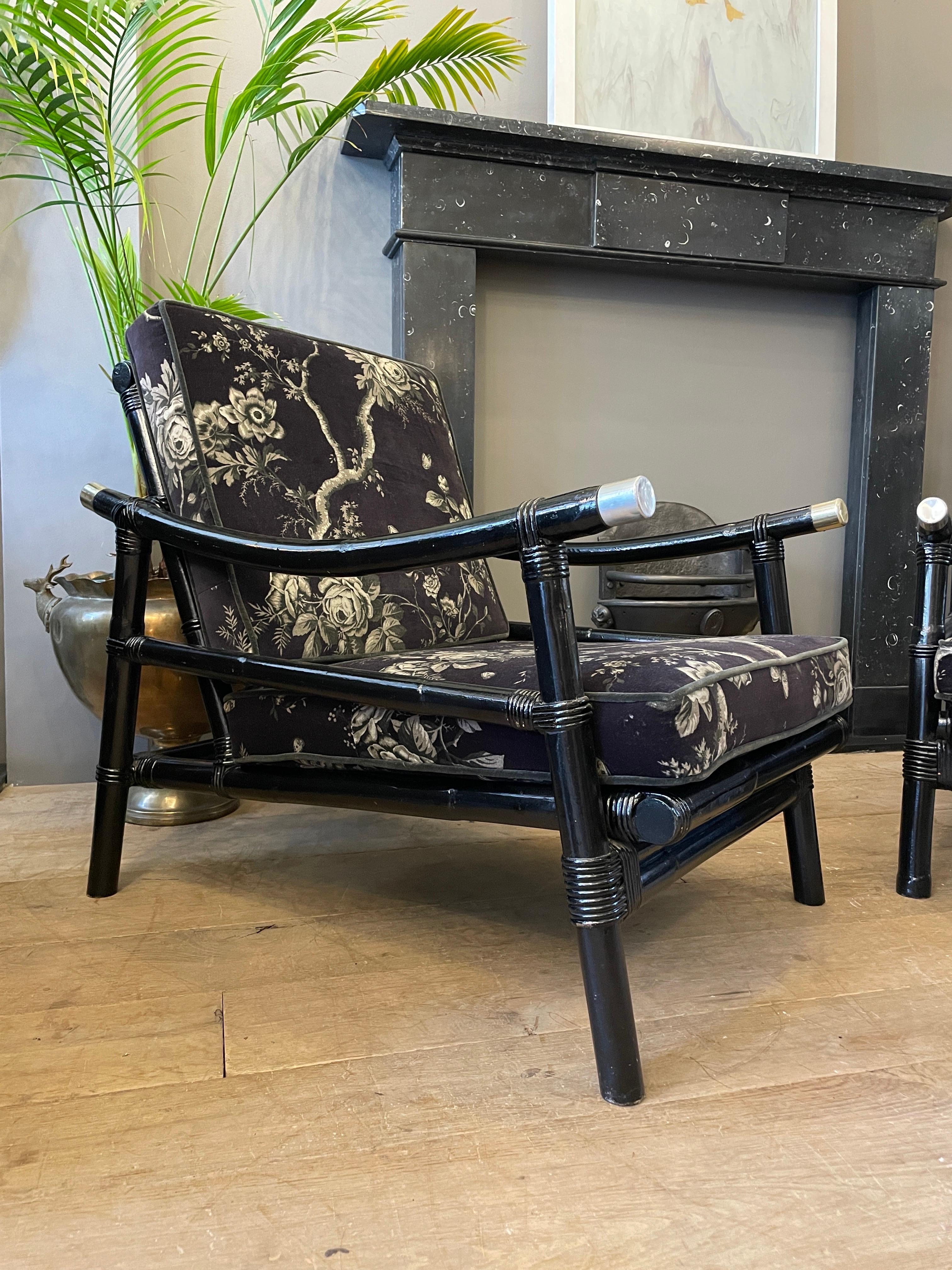 Pair of Ebonized Bamboo and Rattan Arm Chairs with Foot Stools by Ficks Reed 7