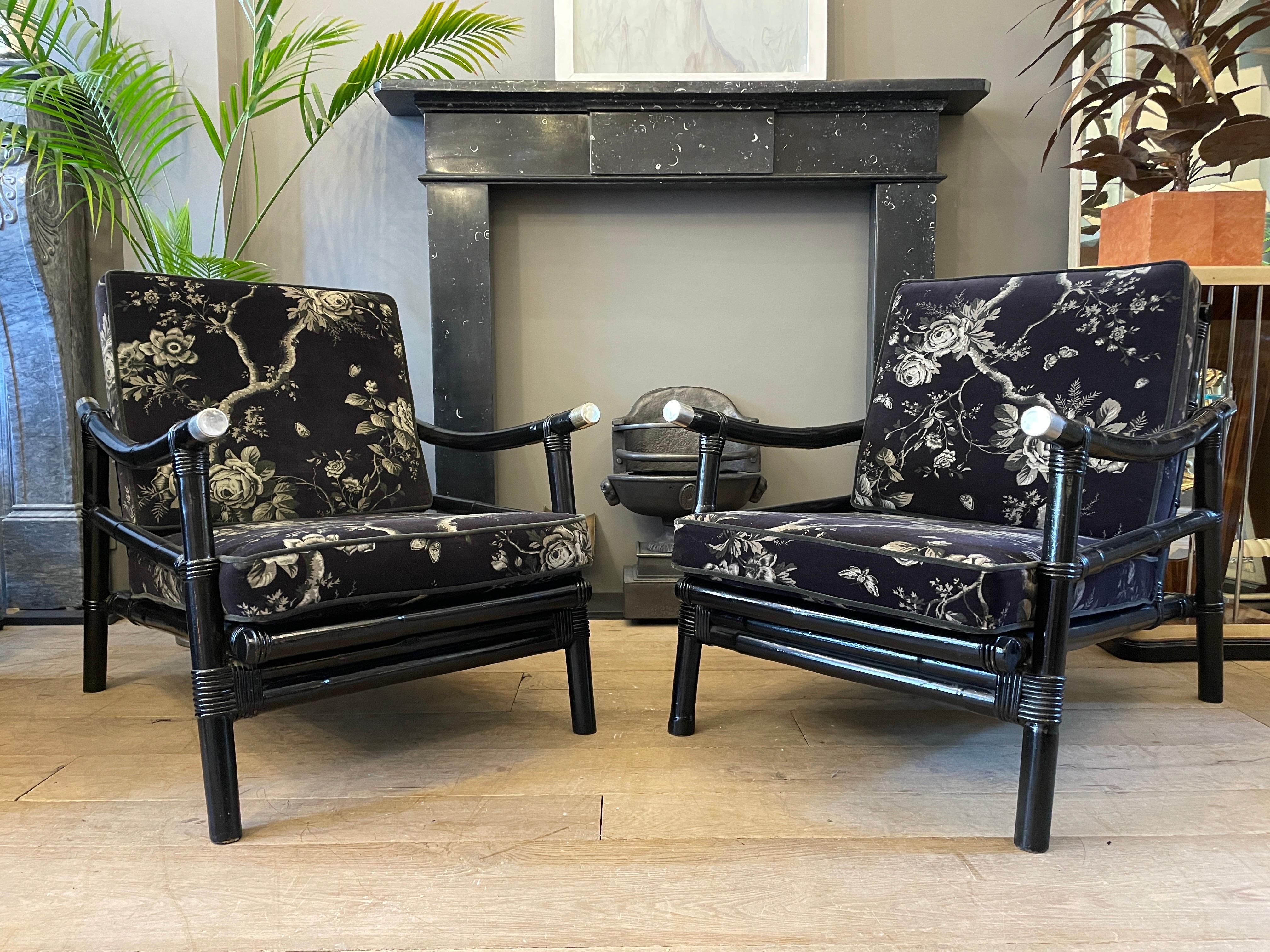 Pair of Ebonized Bamboo and Rattan Arm Chairs with Foot Stools by Ficks Reed 9