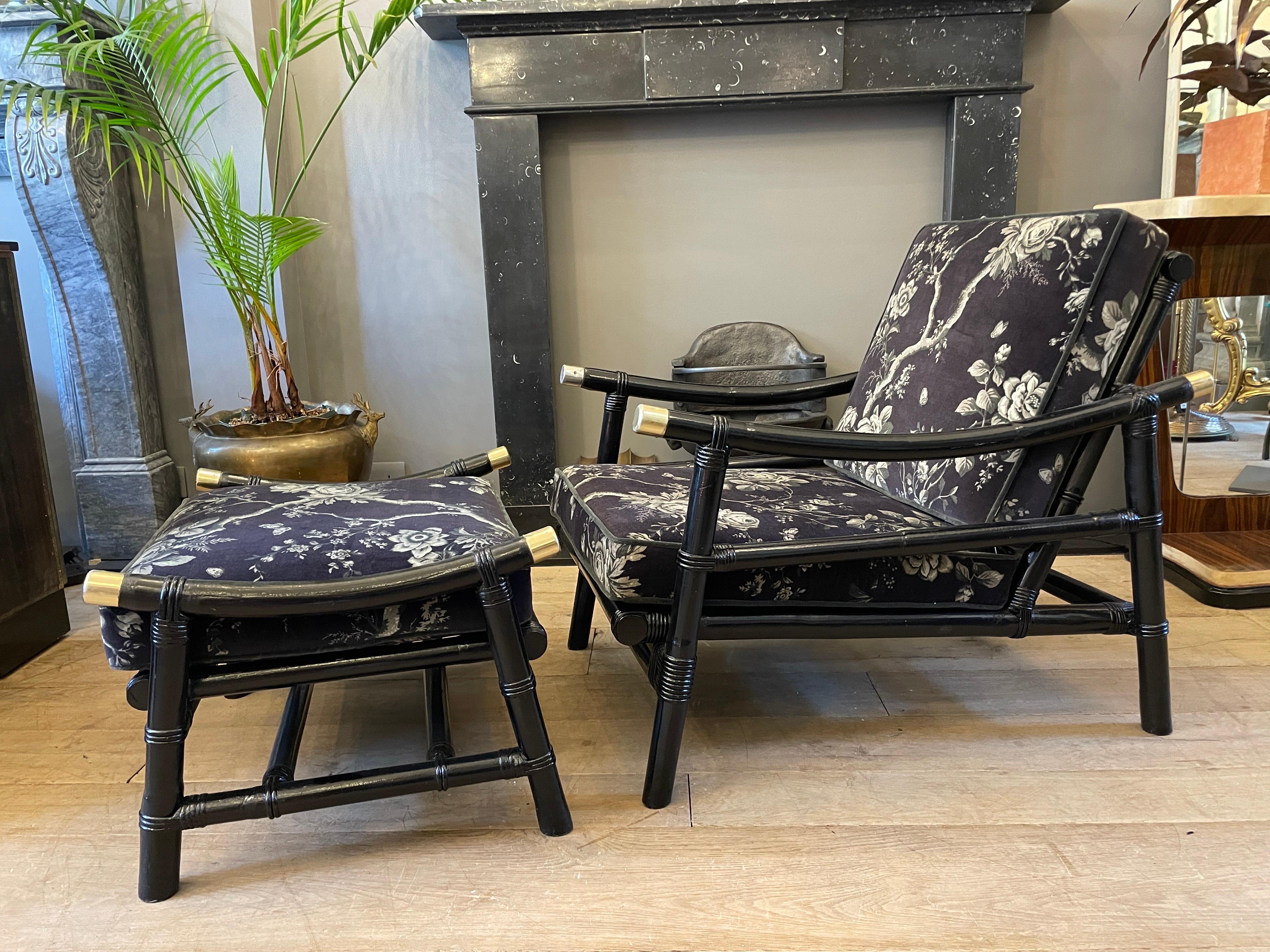 Pair of Ebonized Bamboo and Rattan Arm Chairs with Foot Stools by Ficks Reed In Good Condition In London, GB