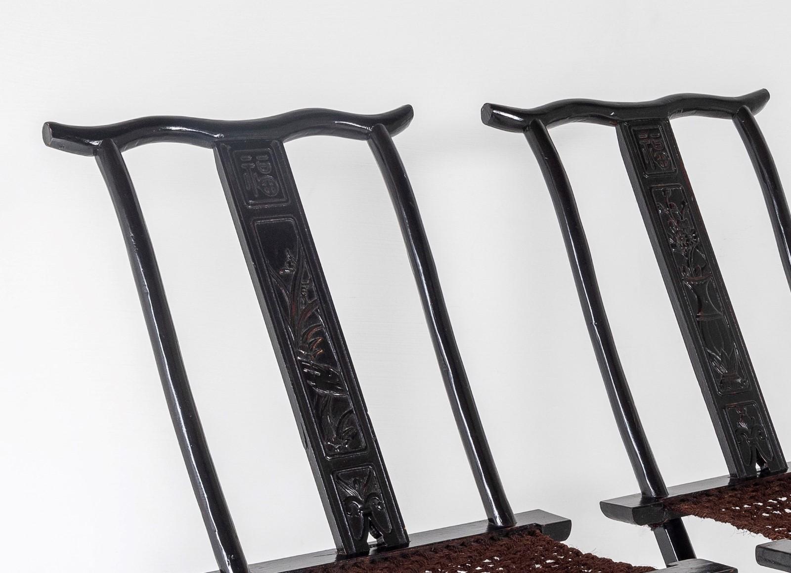 A Pair of Ebonised Chinese Folding Occasional Hall Side Chairs Late Qing For Sale 4