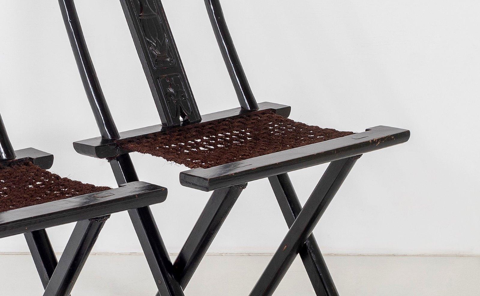 A Pair of Ebonised Chinese Folding Occasional Hall Side Chairs Late Qing For Sale 10