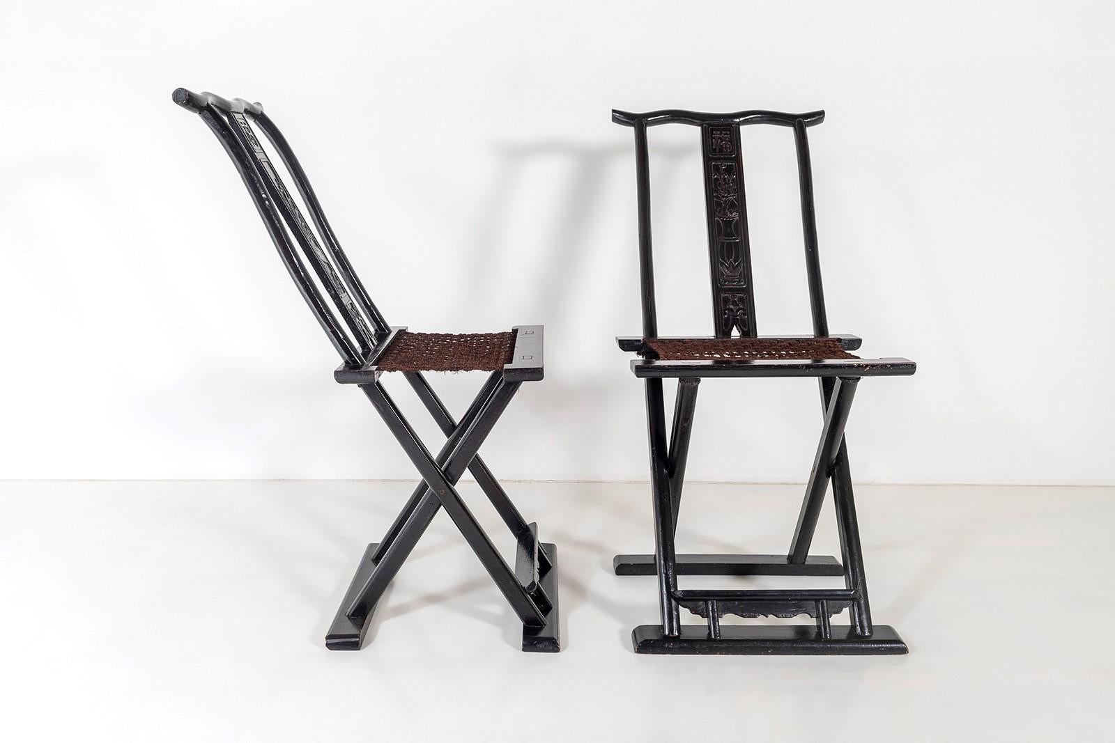 Beech A Pair of Ebonised Chinese Folding Occasional Hall Side Chairs Late Qing For Sale