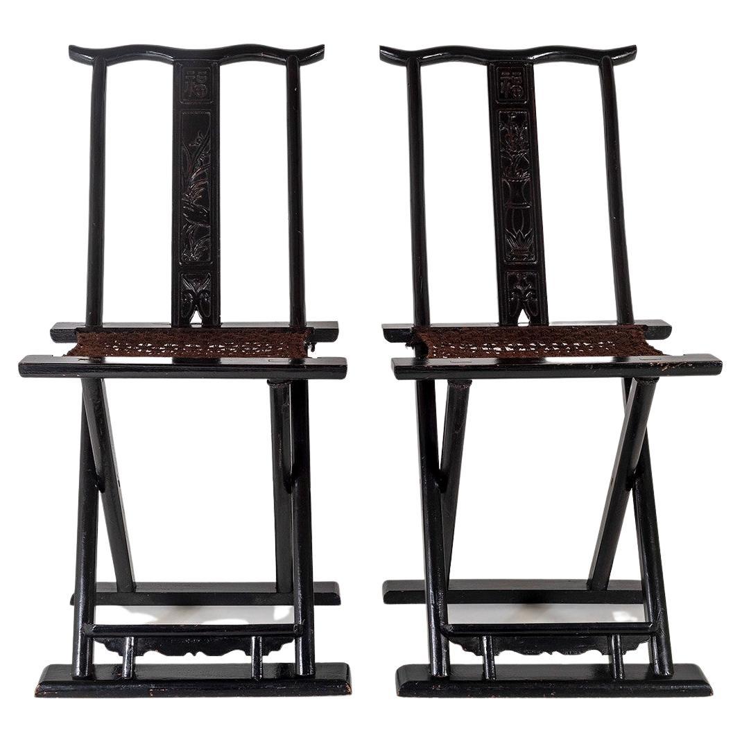 A Pair of Ebonised Chinese Folding Occasional Hall Side Chairs Late Qing For Sale