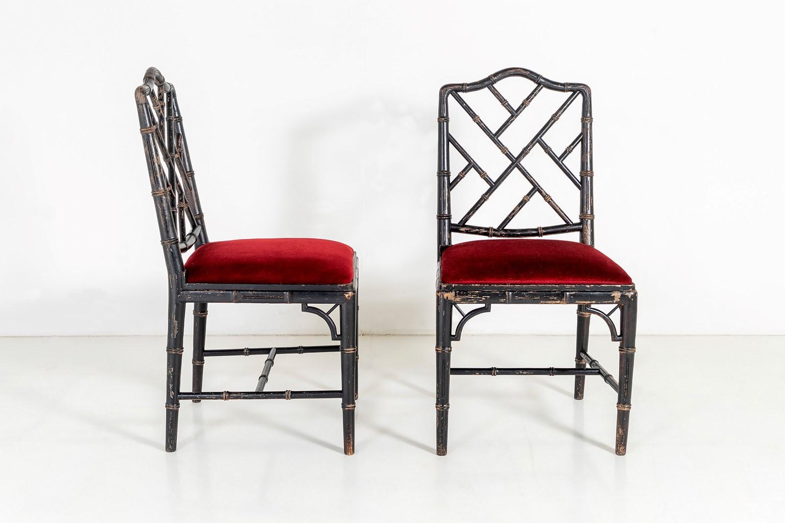 British Pair of Ebonized Faux Bamboo Chinese Chippendale Style Occasional Chairs