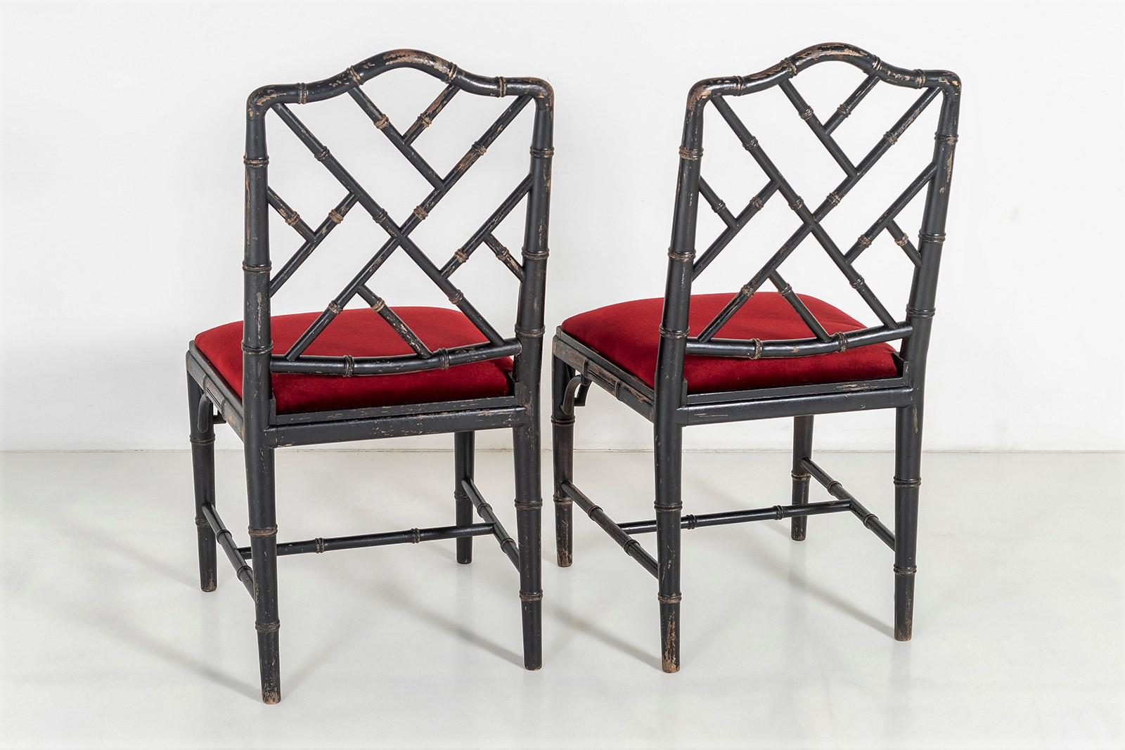 Velvet Pair of Ebonized Faux Bamboo Chinese Chippendale Style Occasional Chairs