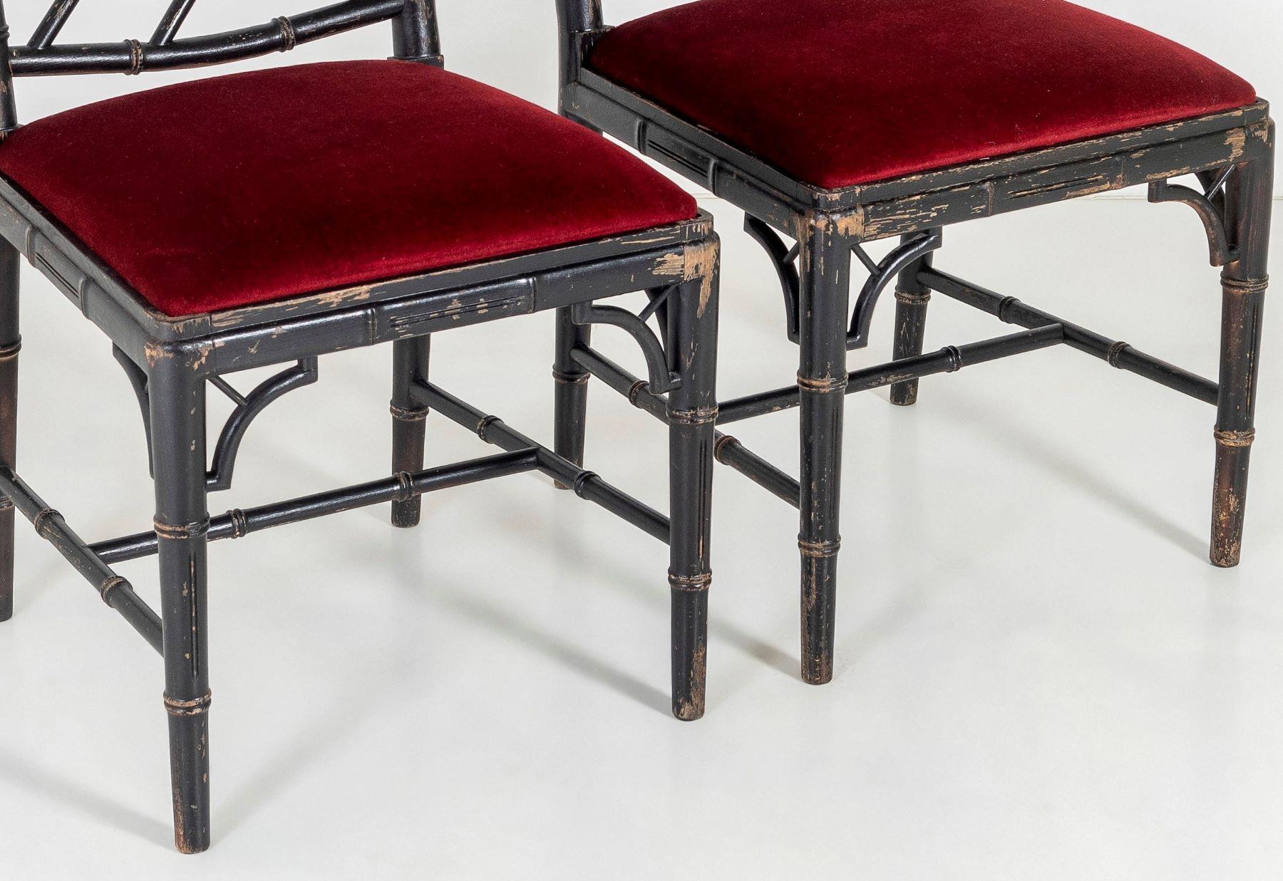Pair of Ebonized Faux Bamboo Chinese Chippendale Style Occasional Chairs 2