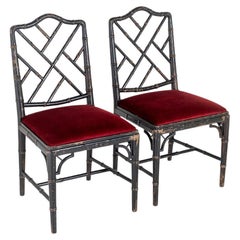 Pair of Ebonized Faux Bamboo Chinese Chippendale Style Occasional Chairs