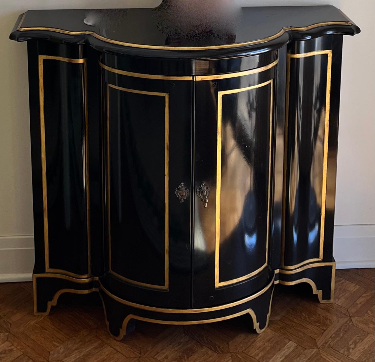 Mid-20th Century Pair of Ebonized and Gilt Demi-Lune Cabinets by Baker Furniture Co
