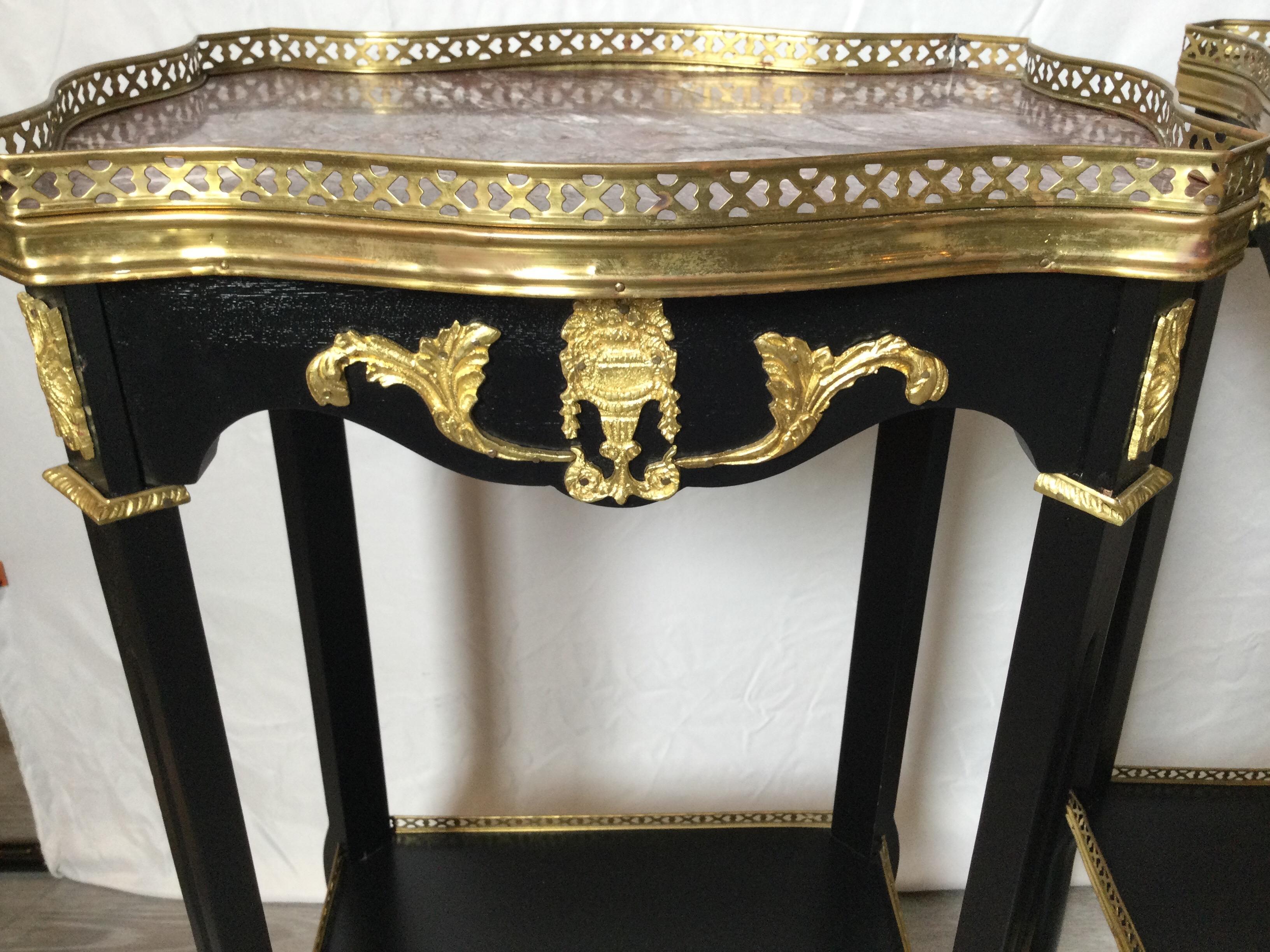 Louis XV Pair of Ebonized Wood and Marble Diminutive Side Tables