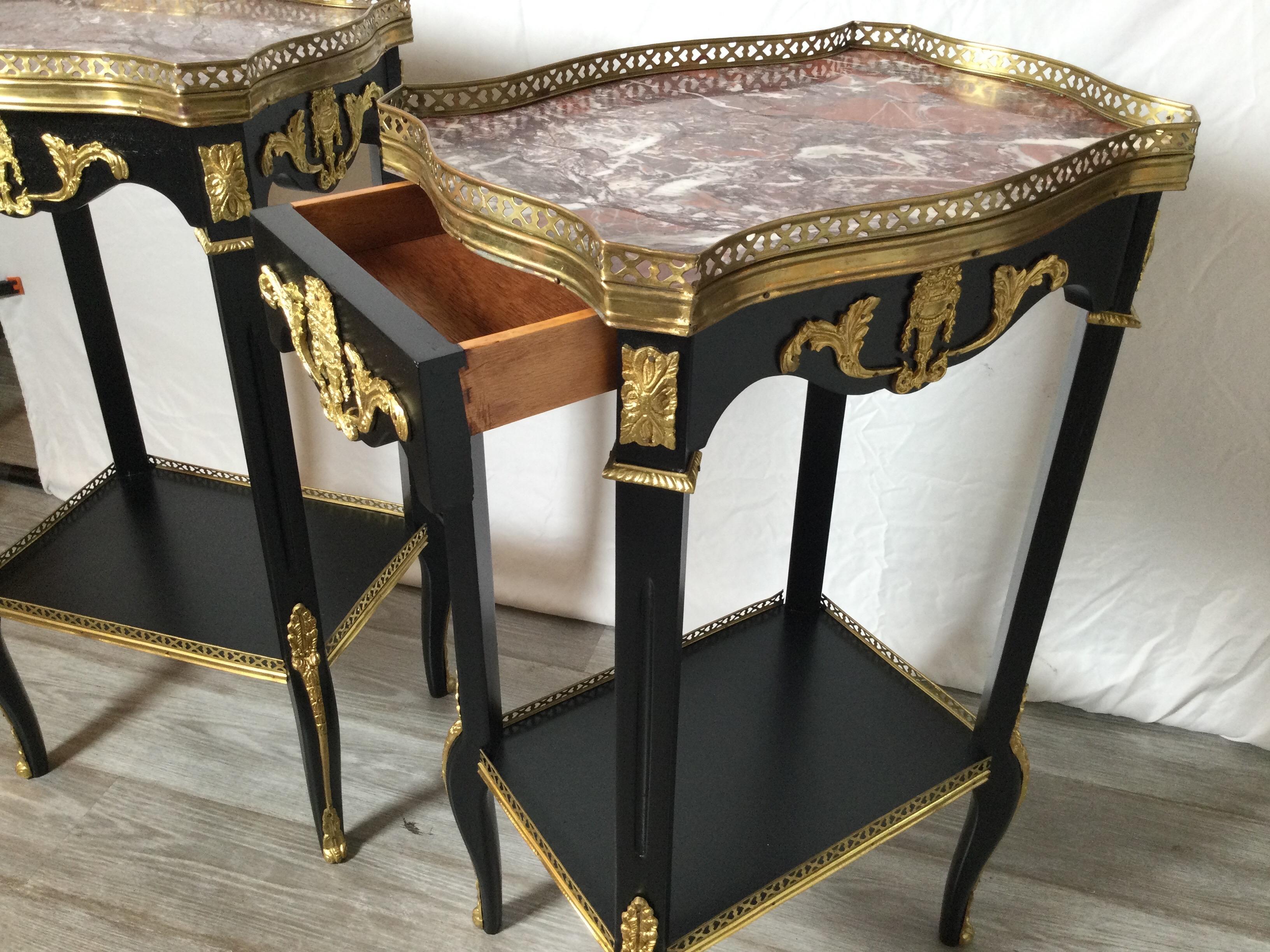 European Pair of Ebonized Wood and Marble Diminutive Side Tables