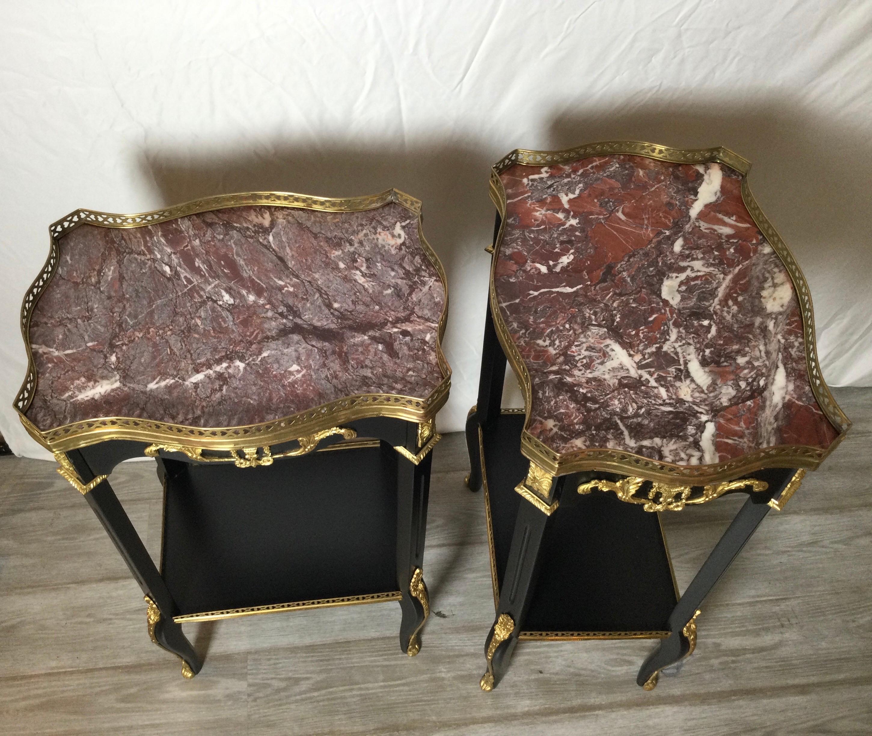 Pair of Ebonized Wood and Marble Diminutive Side Tables In Excellent Condition In Lambertville, NJ