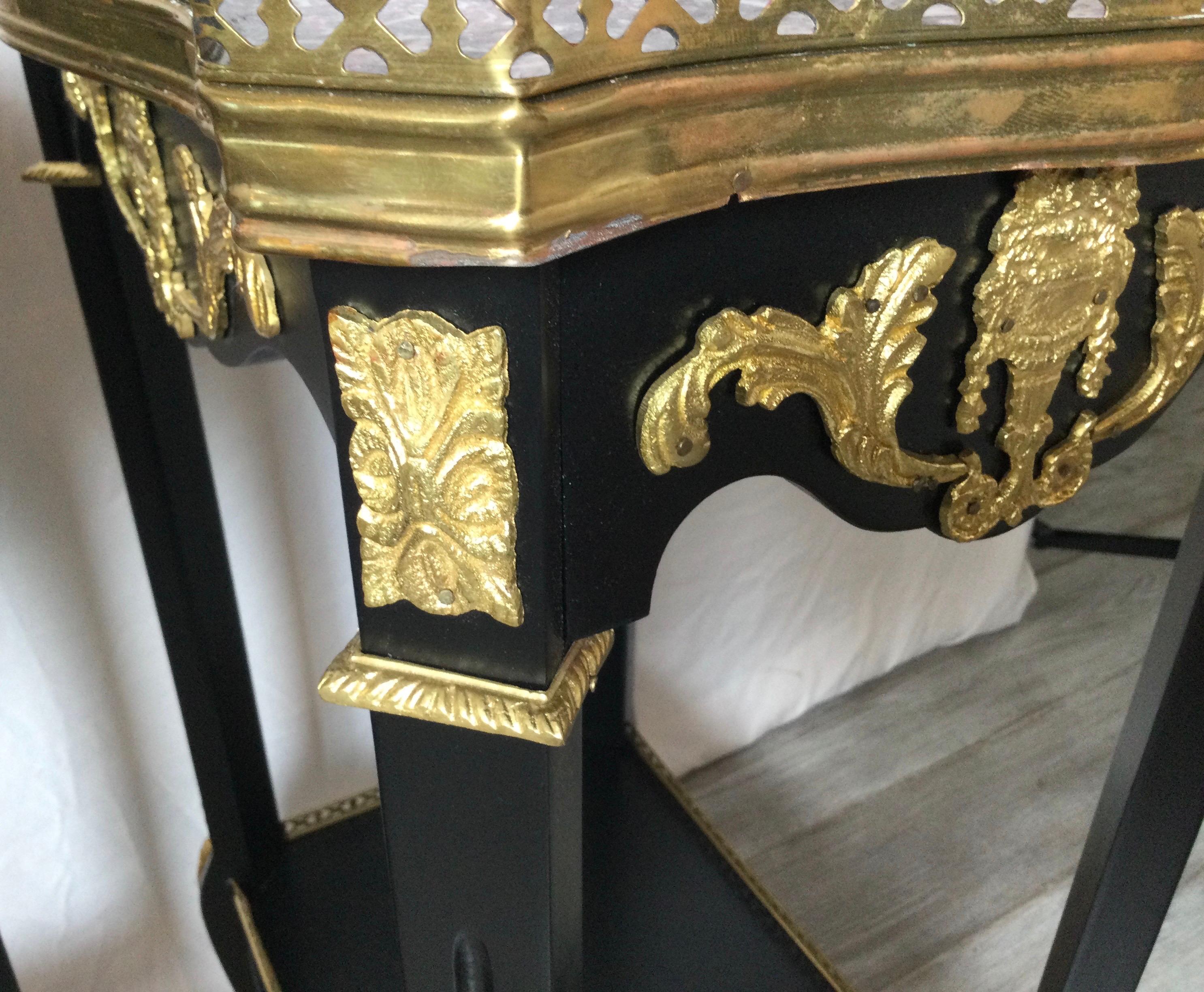 Brass Pair of Ebonized Wood and Marble Diminutive Side Tables