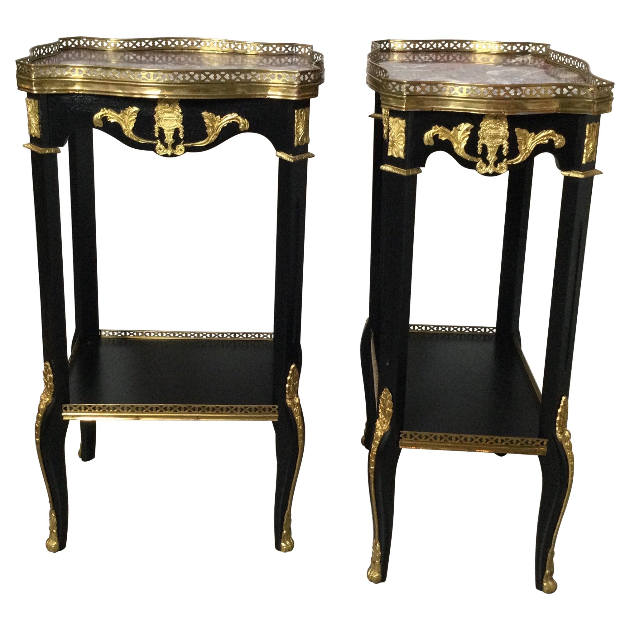 Pair of Ebonized Wood and Marble Diminutive Side Tables