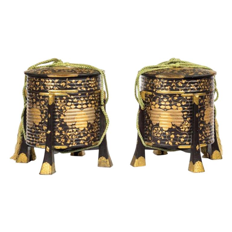 Pair of Edo Period Black and Gold Lacquer Samurai Helmet Boxes For Sale