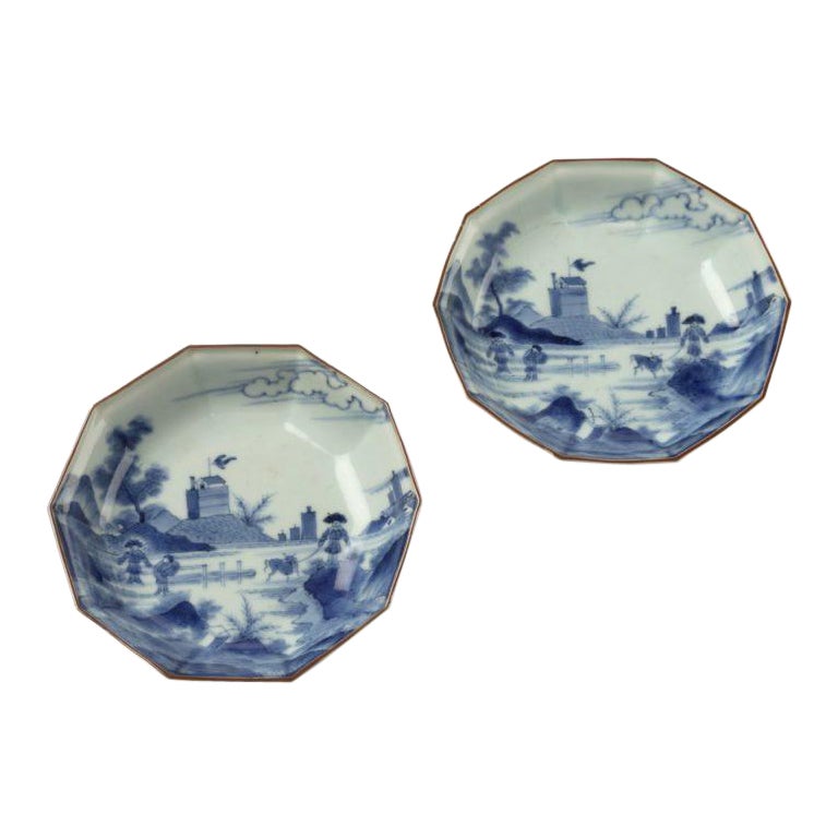 Pareja de platos de exportación Arita con diseño "Scheveningen" del periodo Edo en venta