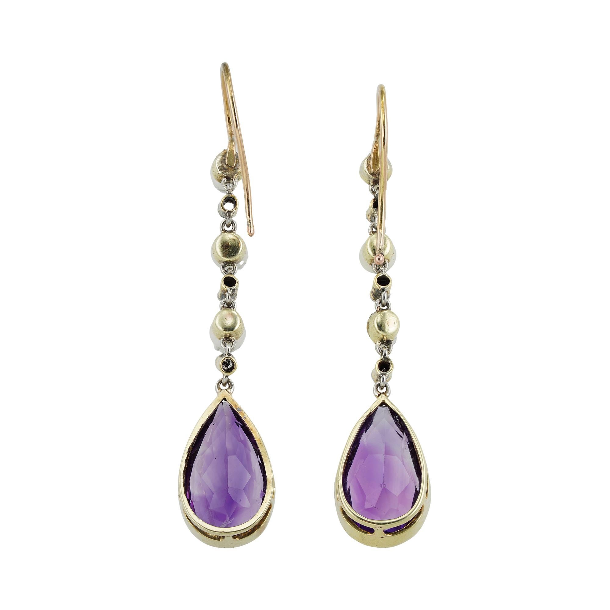Pear Cut Pair of Edwardian Amethyst and Pearl Drop Earrings For Sale