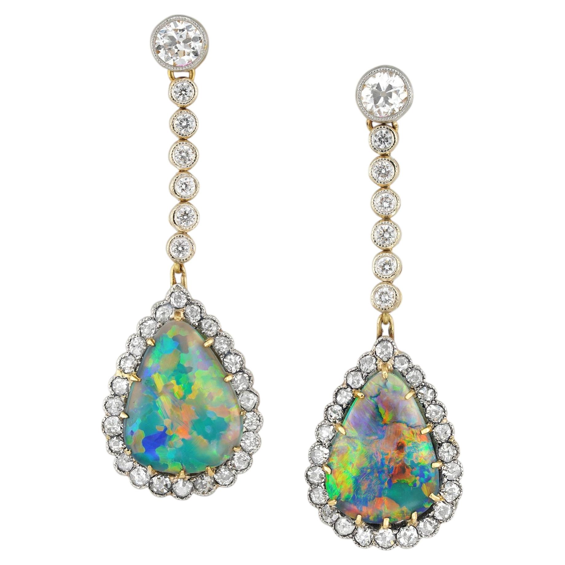 A pair of Edwardian black opal and diamond drop earrings For Sale