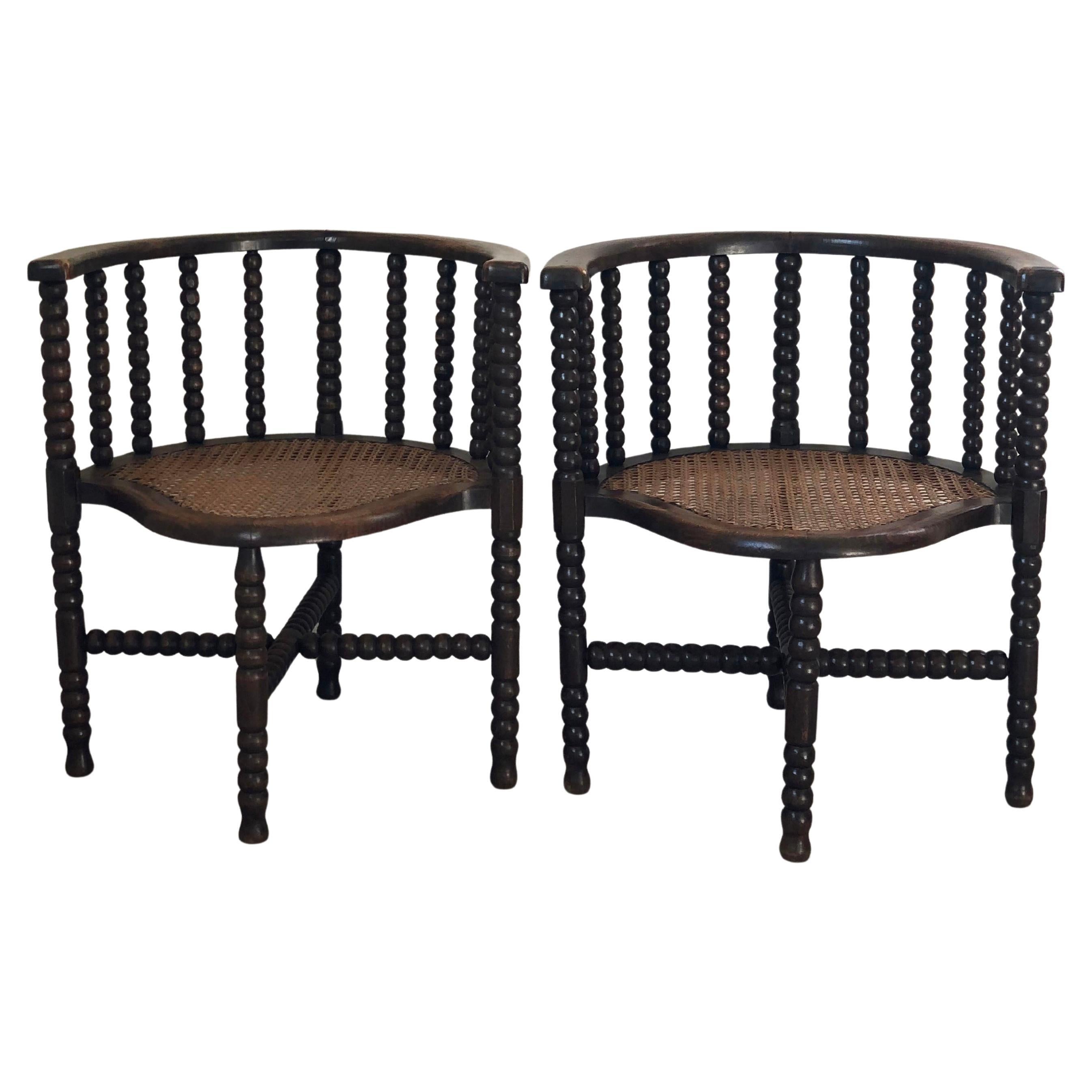 Pair of Edwardian Bobbin Armchairs with Cane Seat Early 20th Century