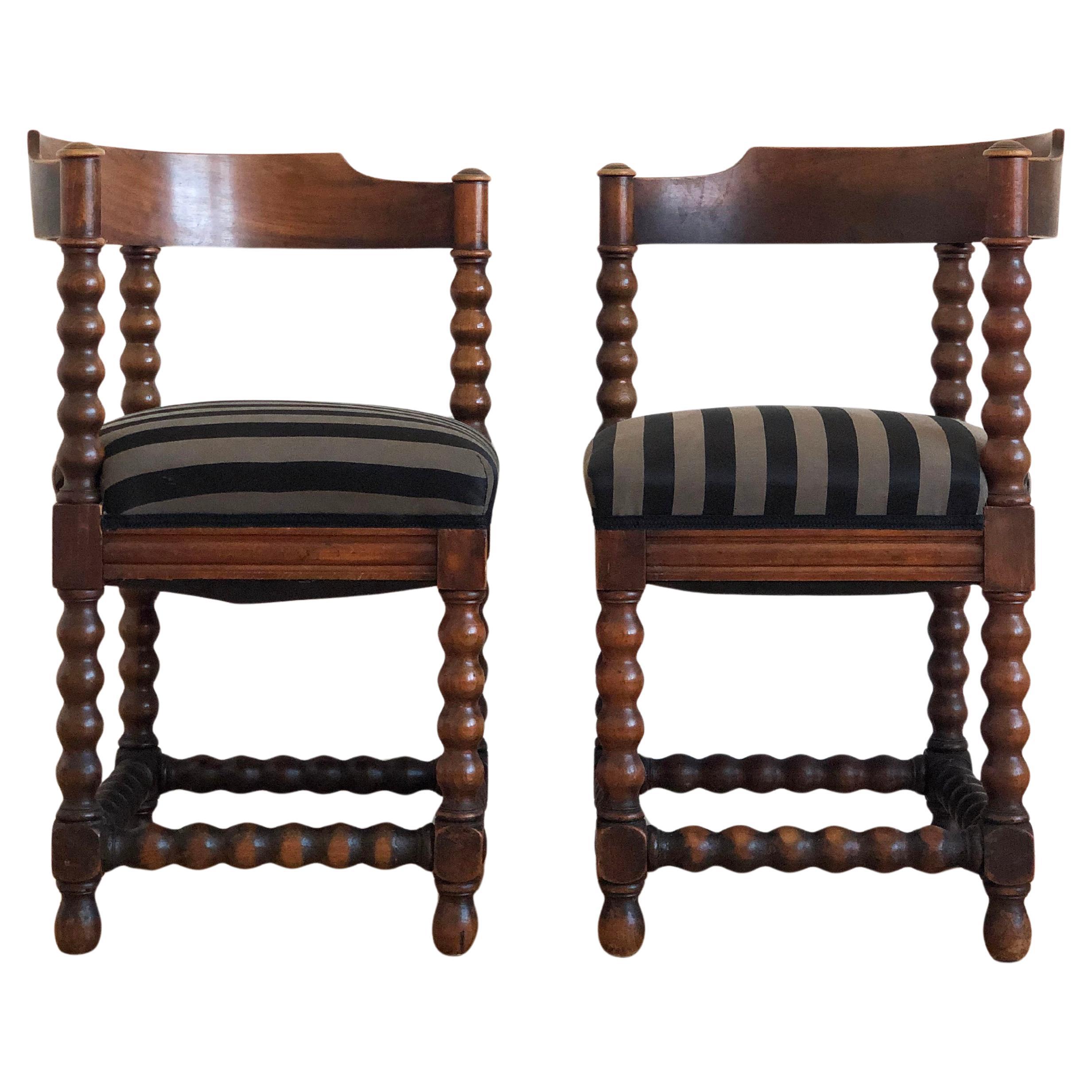 A Pair of Edwardian Bobbin Corner Chairs With Fabric Early 20th Century