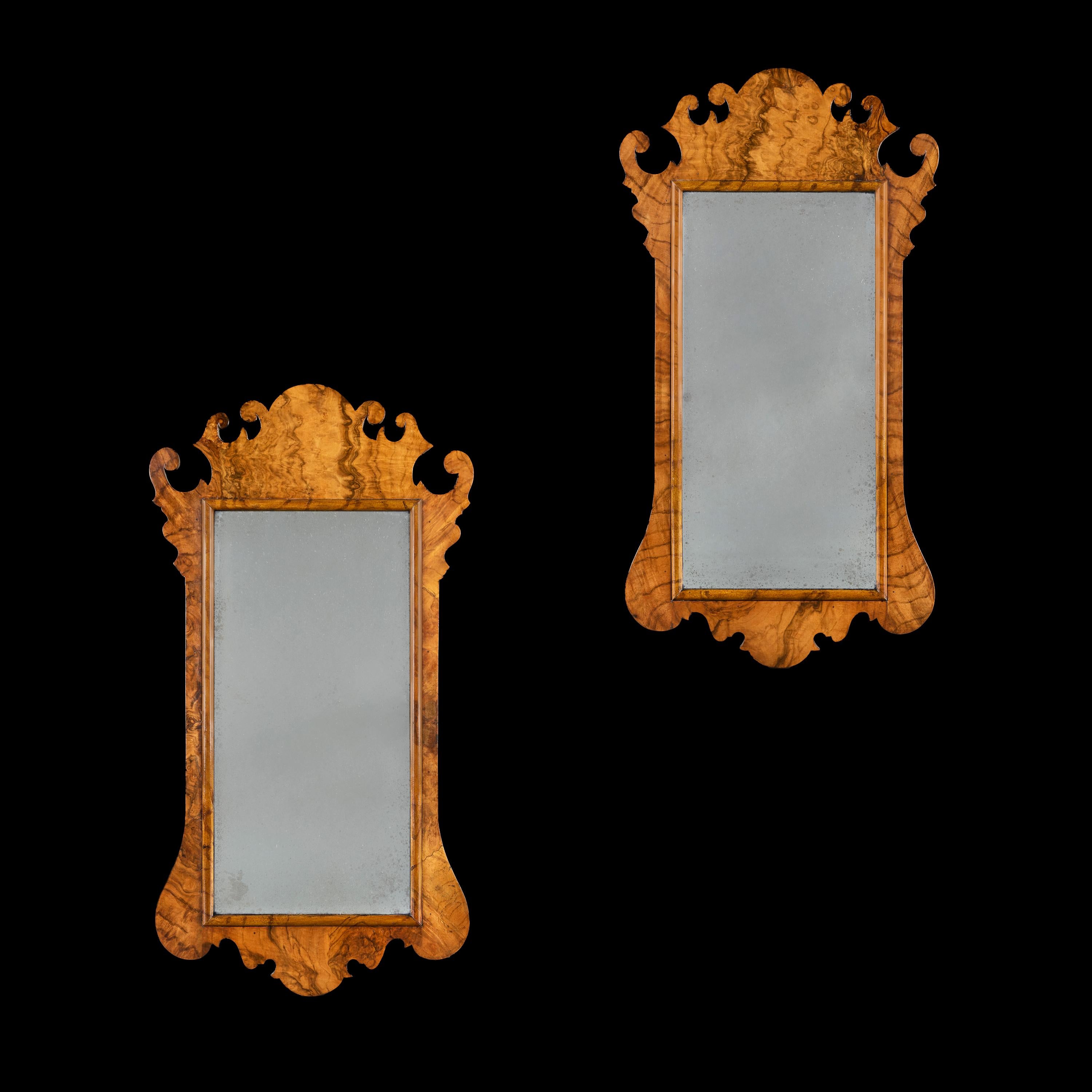 George II A Pair of Edwardian Burr Walnut Pier Mirrors For Sale