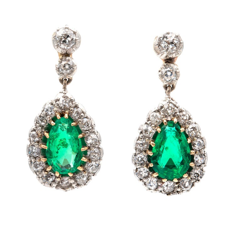 Old European Cut Pair of Edwardian Emerald and Diamond Drop Earrings For Sale