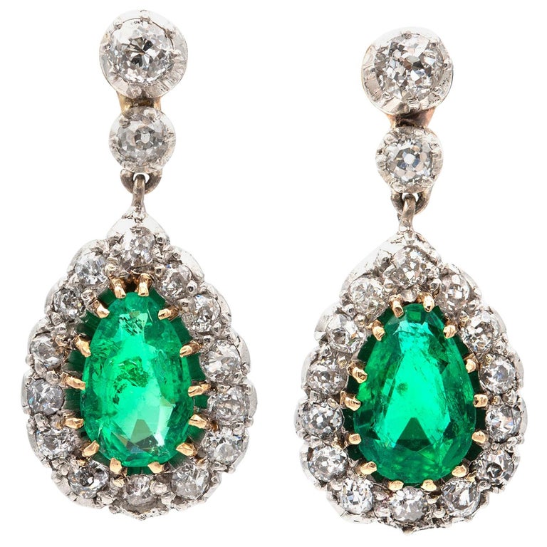 Pair of Edwardian Emerald and Diamond Drop Earrings For Sale