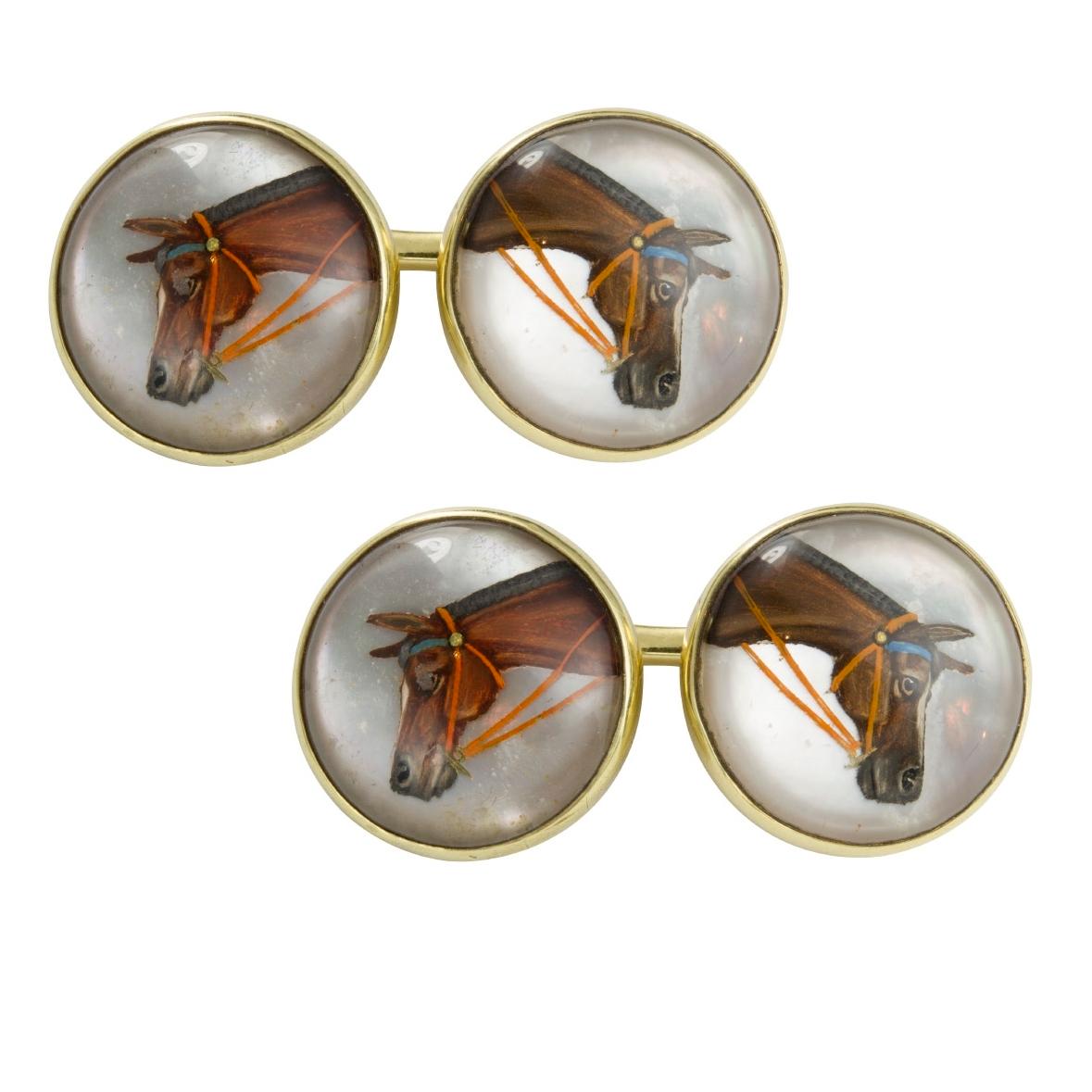 Round Cut Pair of Edwardian Essex Crystal Horse Cufflinks