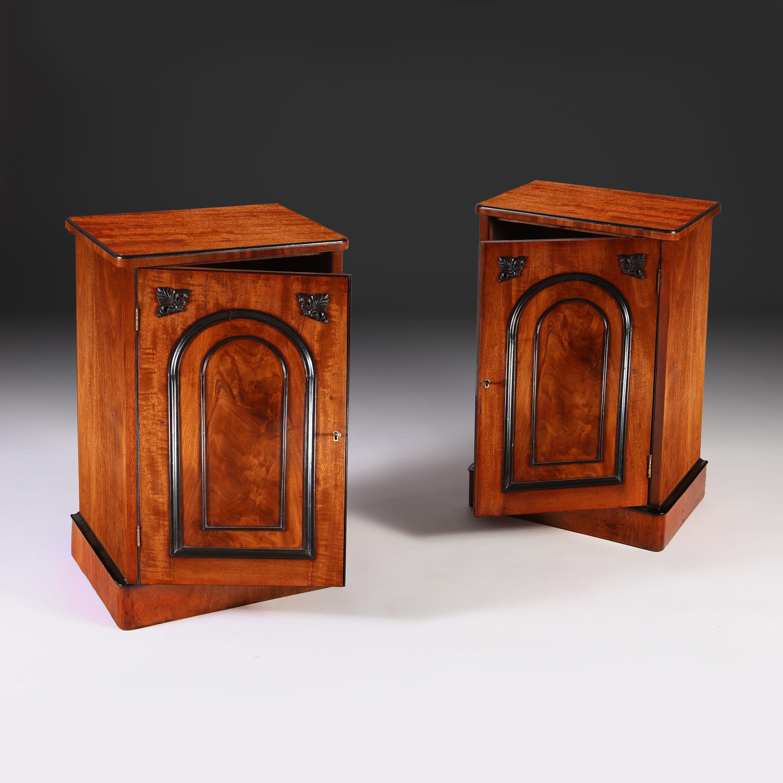 Pair of Edwardian Flame Mahogany Brown Wood Bedside Cabinets In Good Condition In London, GB