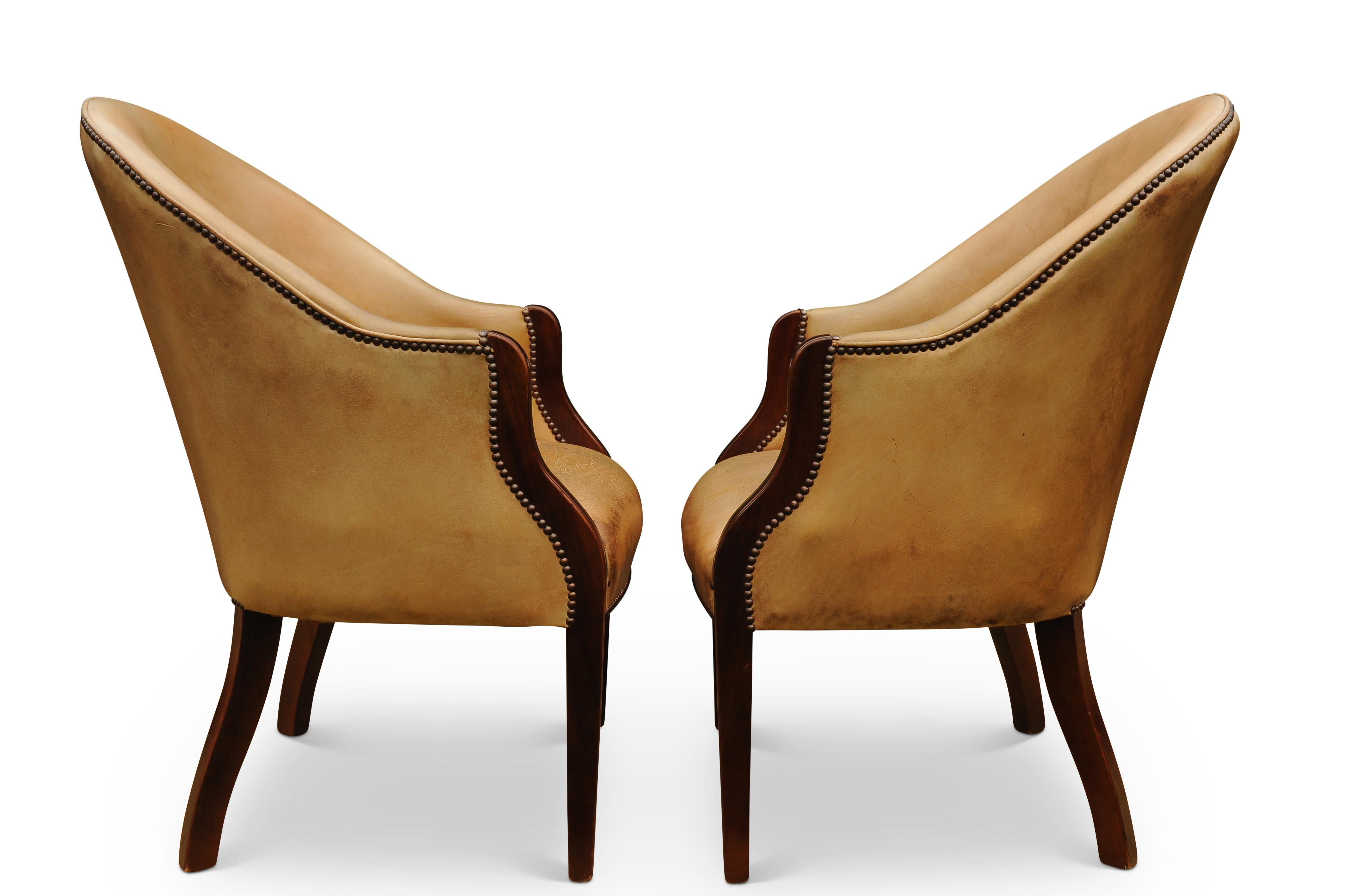 A pair of Edwardian library chairs in a pale tan leather with brass stud borders and with moulded showwood frames.