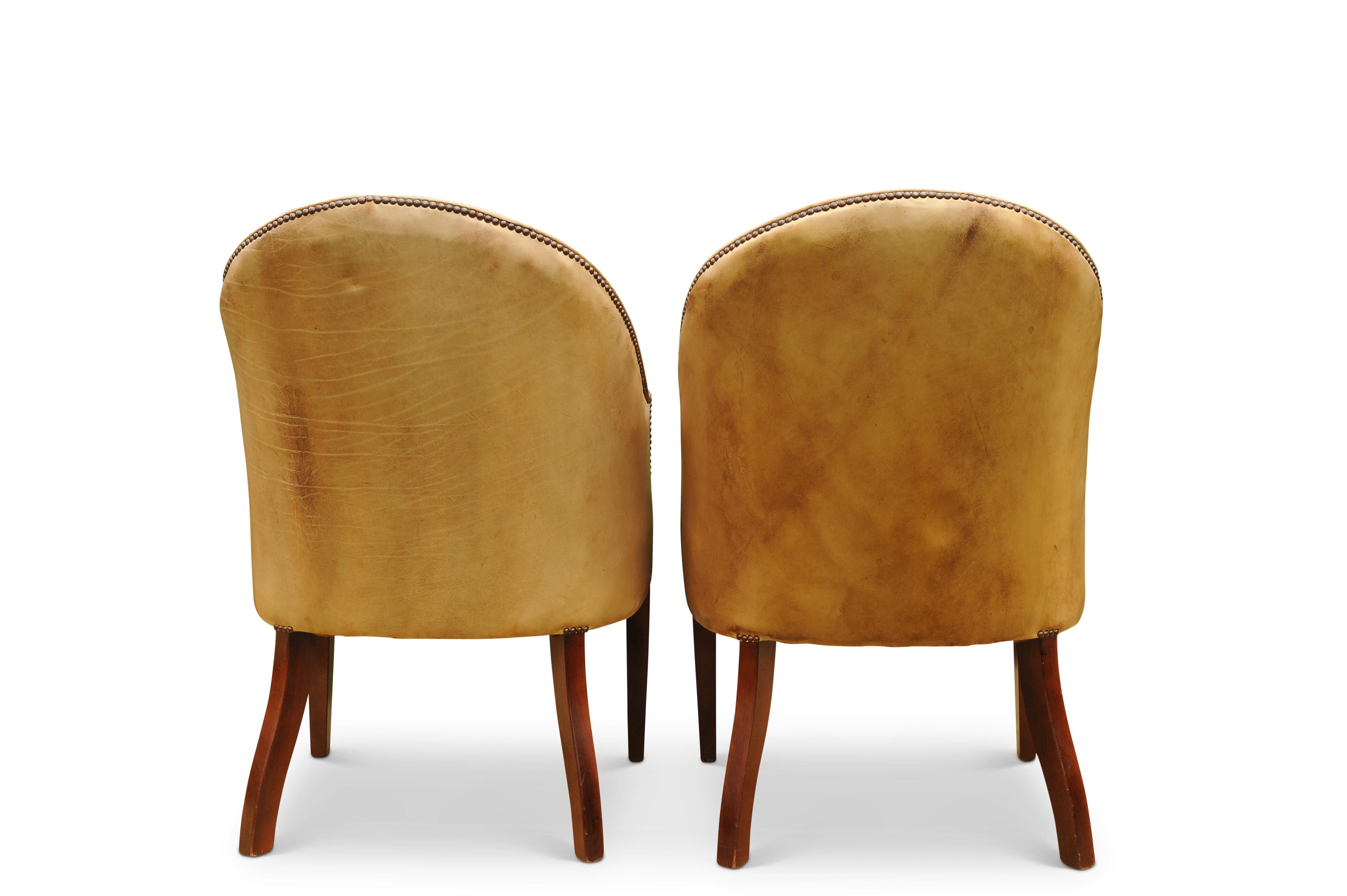 British Pair of Edwardian Library Chairs in a Pale Tan Leather with Brass Stud Border
