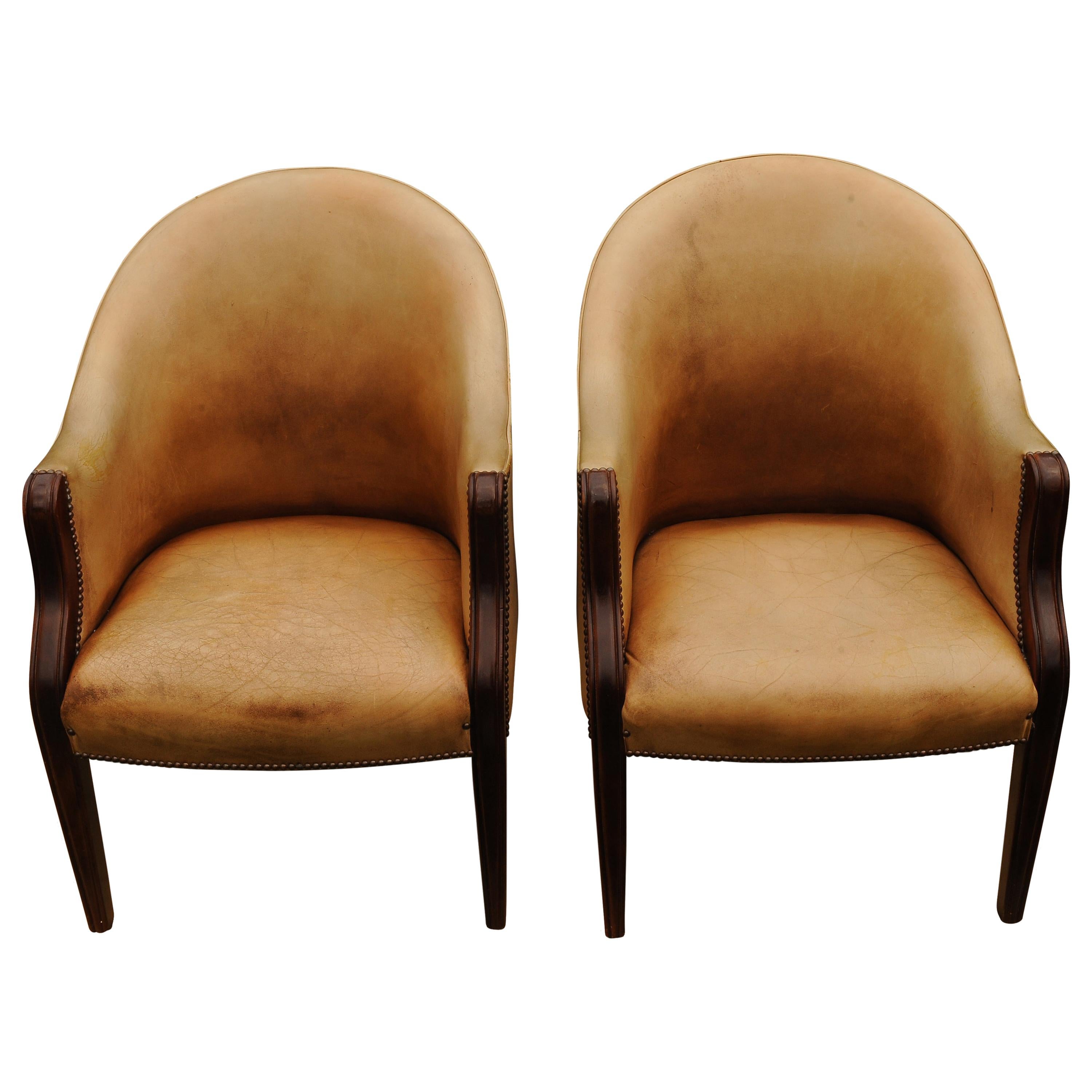 Pair of Edwardian Library Chairs in a Pale Tan Leather with Brass Stud Border