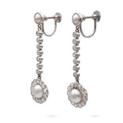 Par de pendientes eduardianos de perlas naturales y diamantes